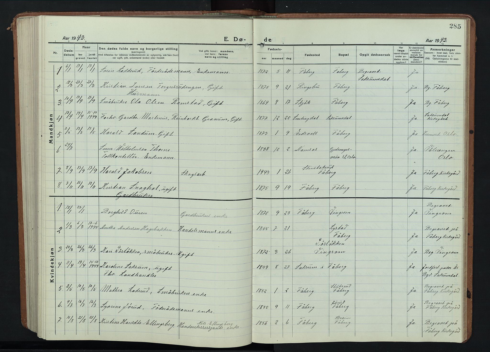 Fåberg prestekontor, AV/SAH-PREST-086/H/Ha/Hab/L0014: Parish register (copy) no. 14, 1922-1946, p. 285