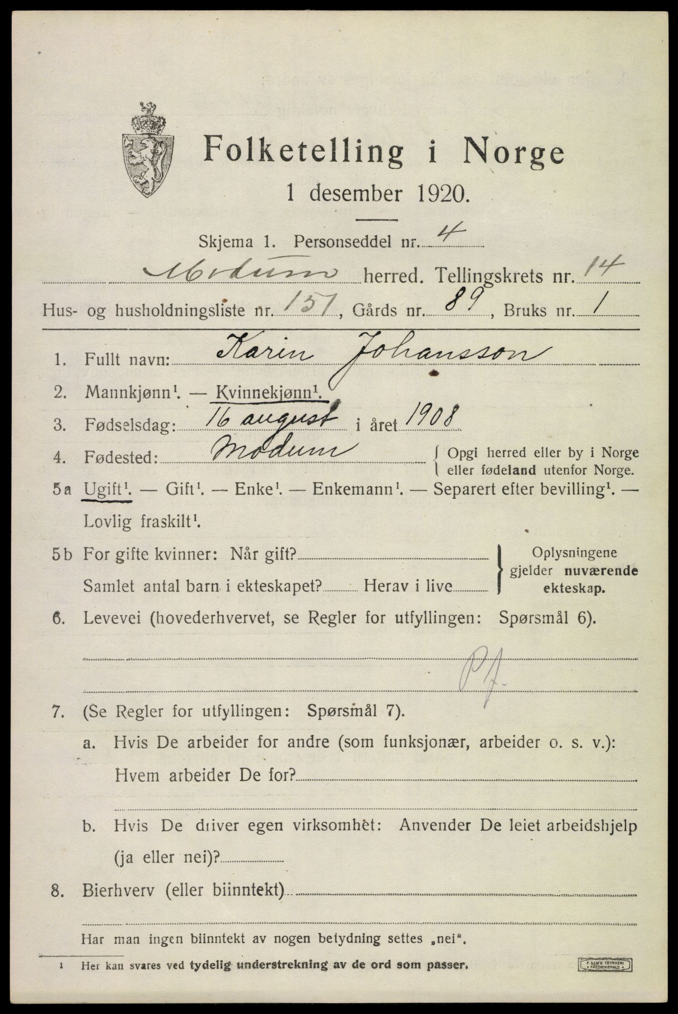 SAKO, 1920 census for Modum, 1920, p. 17953