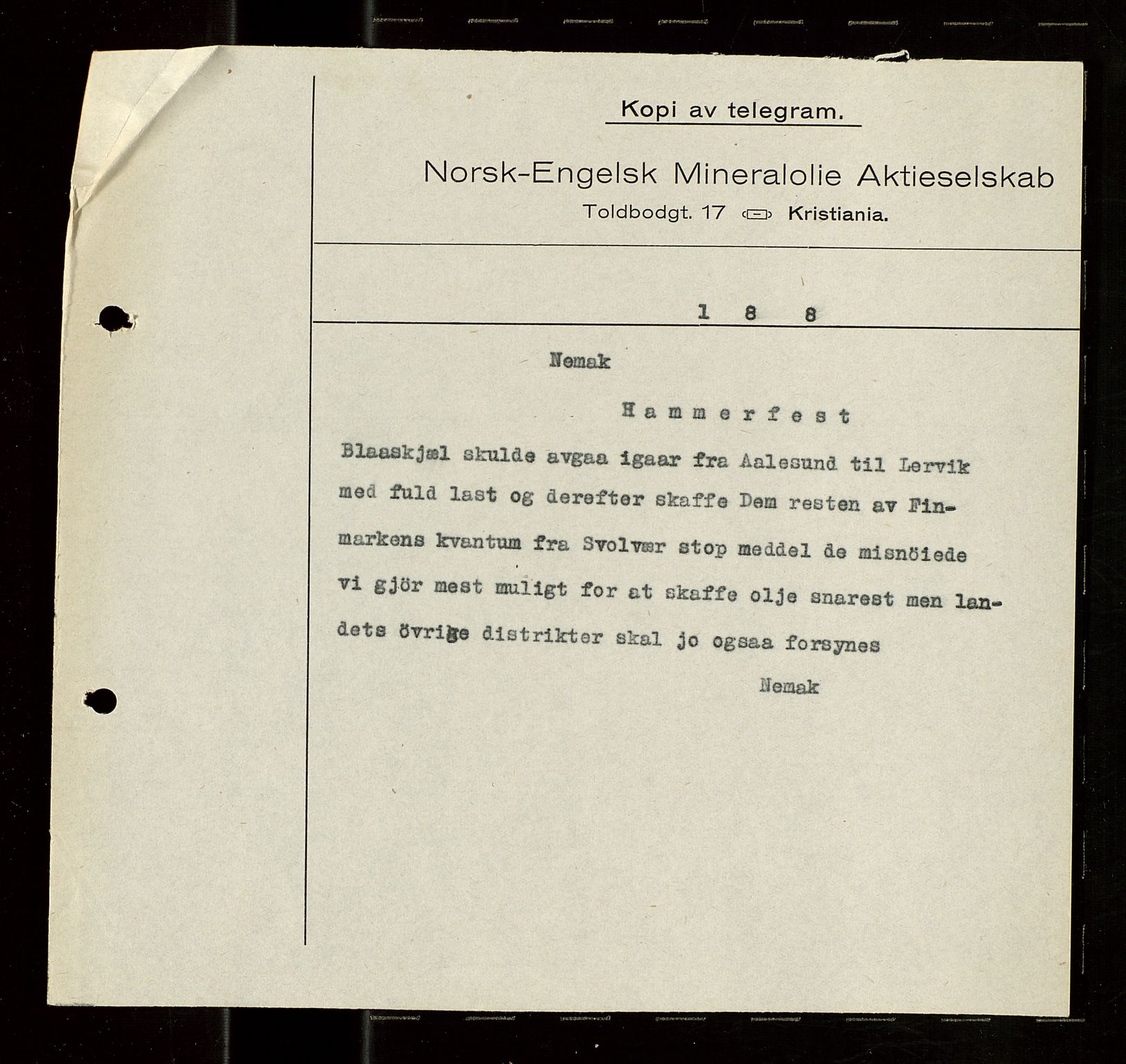 Pa 1521 - A/S Norske Shell, AV/SAST-A-101915/E/Ea/Eaa/L0021: Sjefskorrespondanse, 1918, p. 259