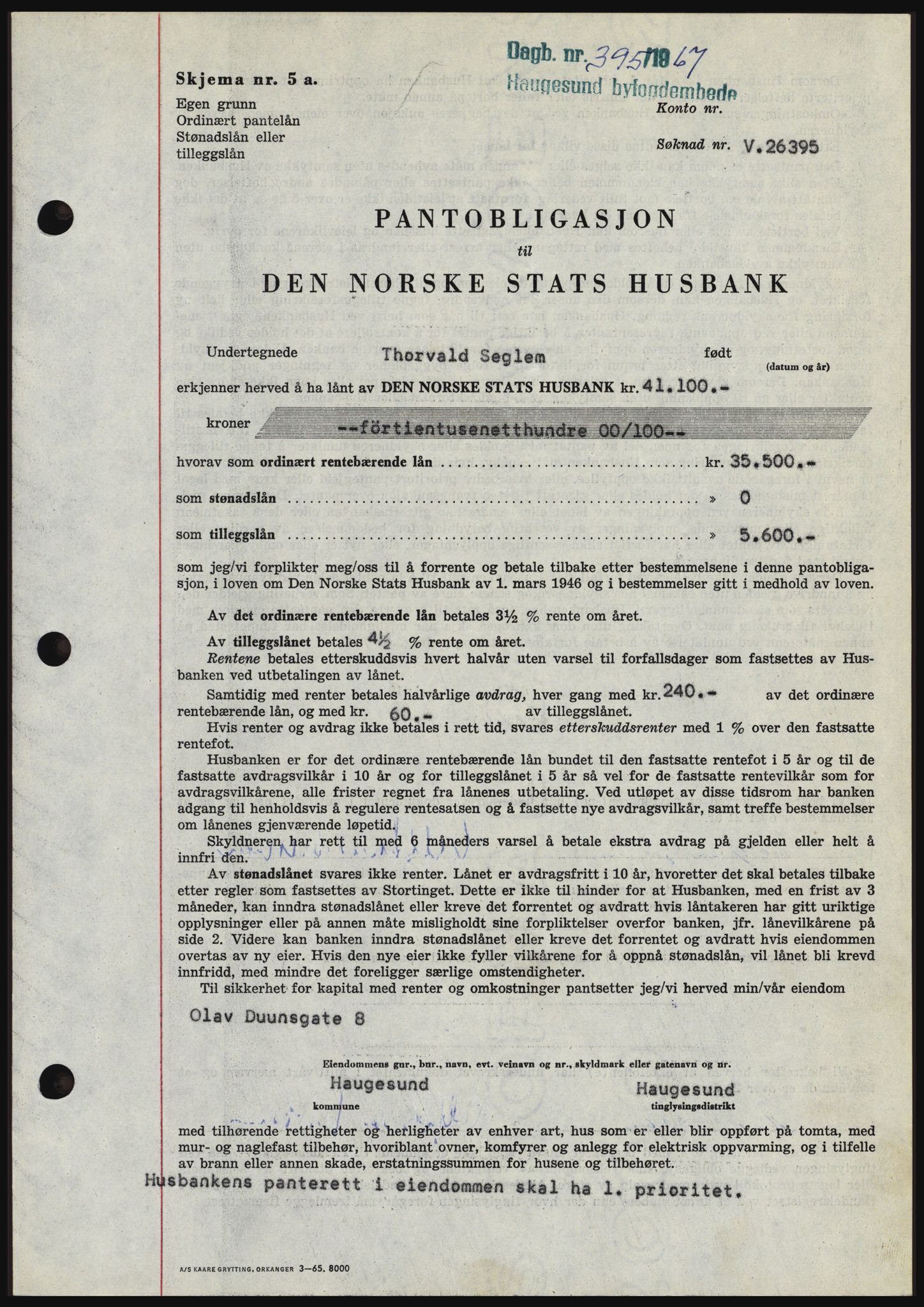 Haugesund tingrett, SAST/A-101415/01/II/IIC/L0056: Mortgage book no. B 56, 1966-1967, Diary no: : 395/1967