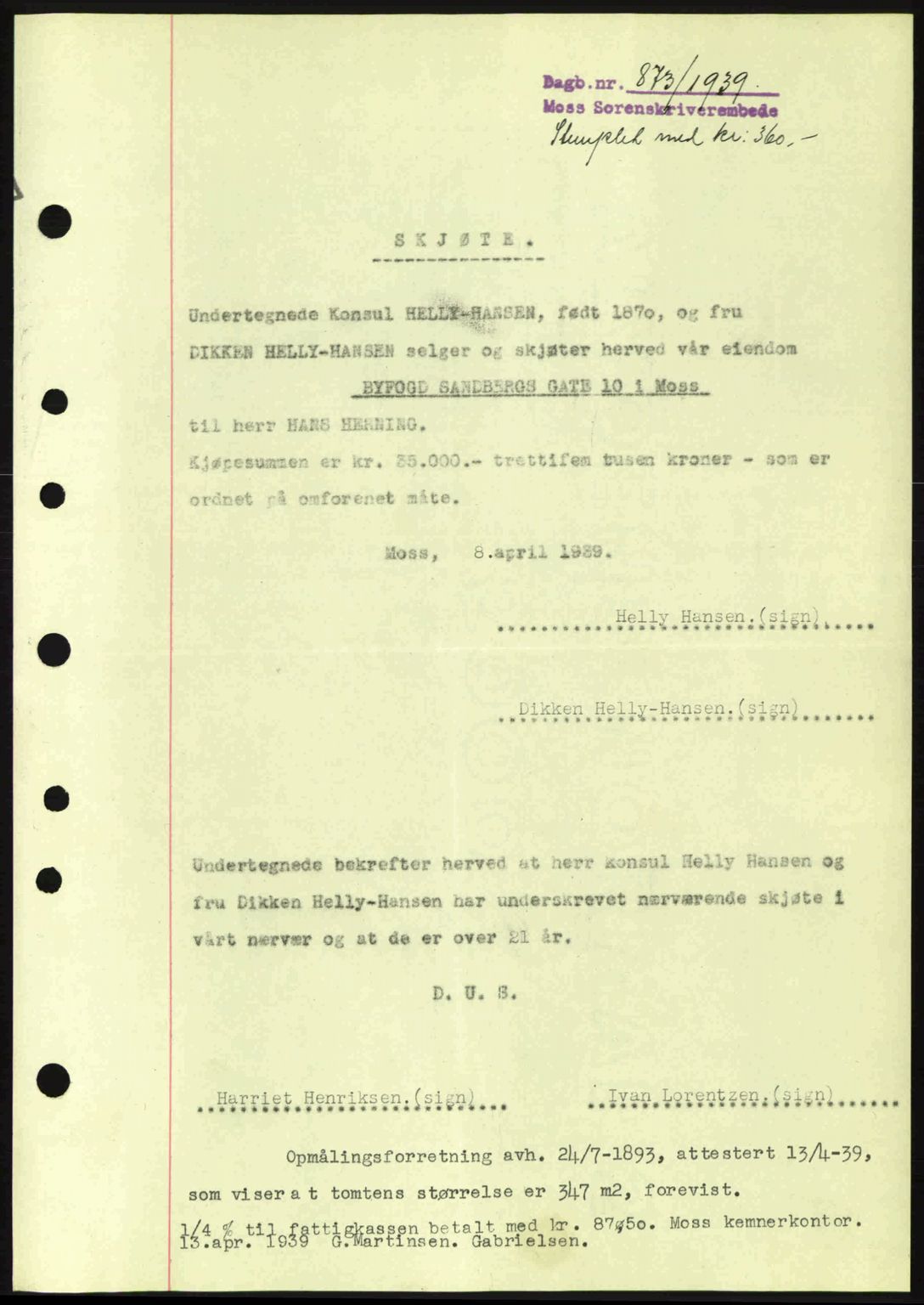 Moss sorenskriveri, SAO/A-10168: Mortgage book no. A5, 1938-1939, Diary no: : 873/1939