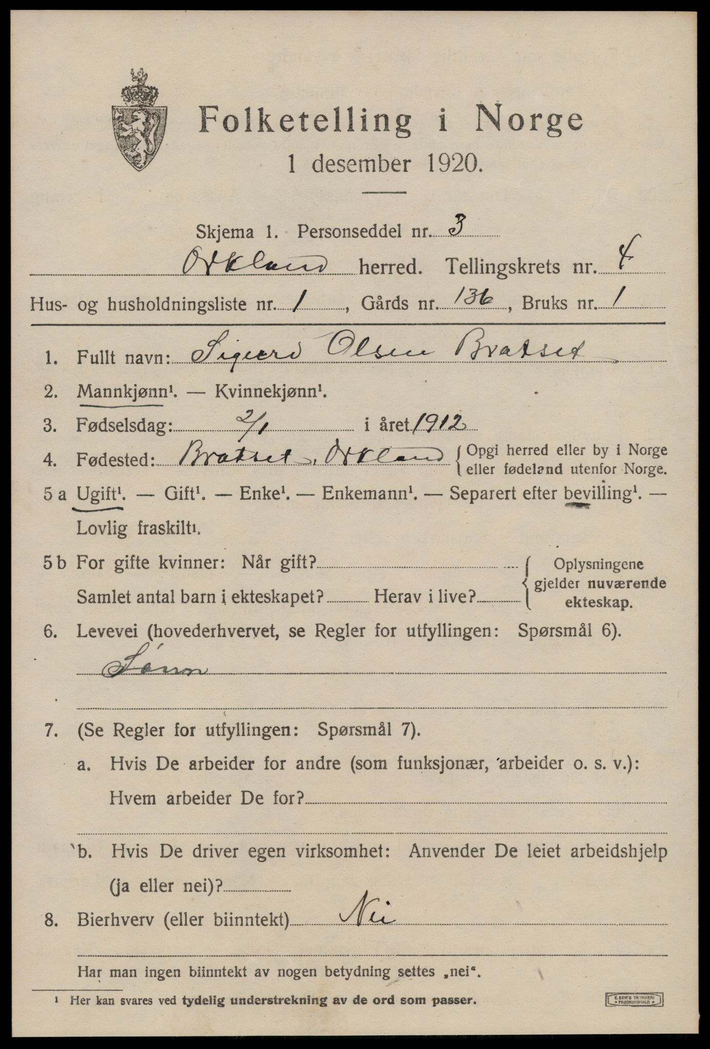 SAT, 1920 census for Orkland, 1920, p. 3338