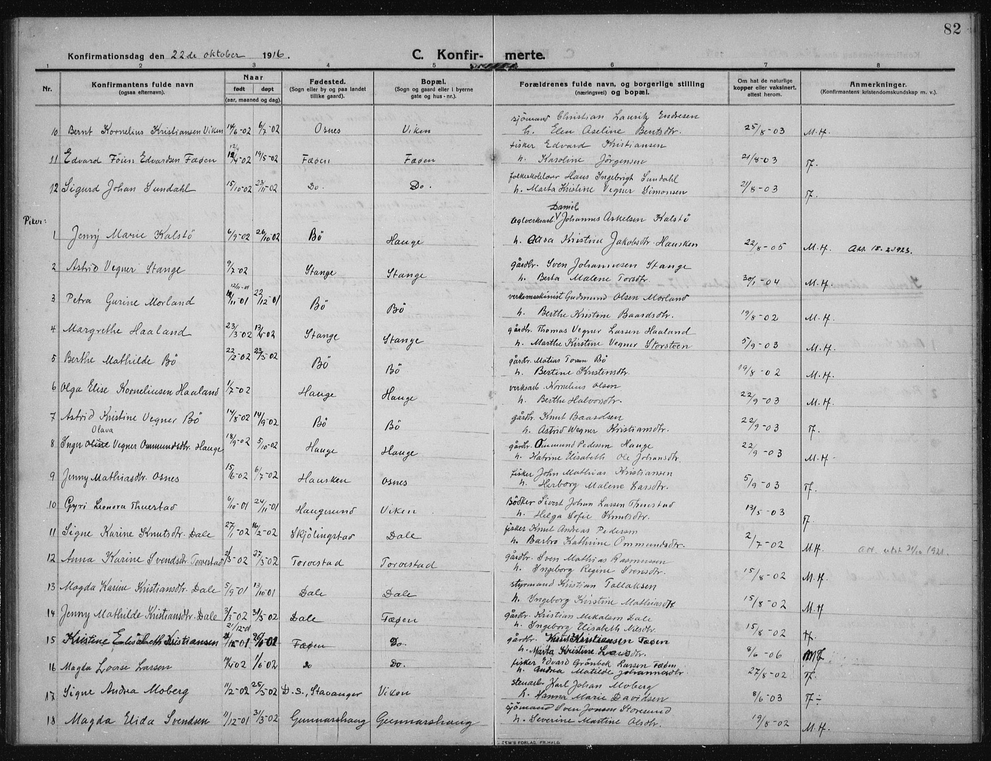 Torvastad sokneprestkontor, AV/SAST-A -101857/H/Ha/Haa/L0019: Parish register (official) no. A 18, 1912-1920, p. 82