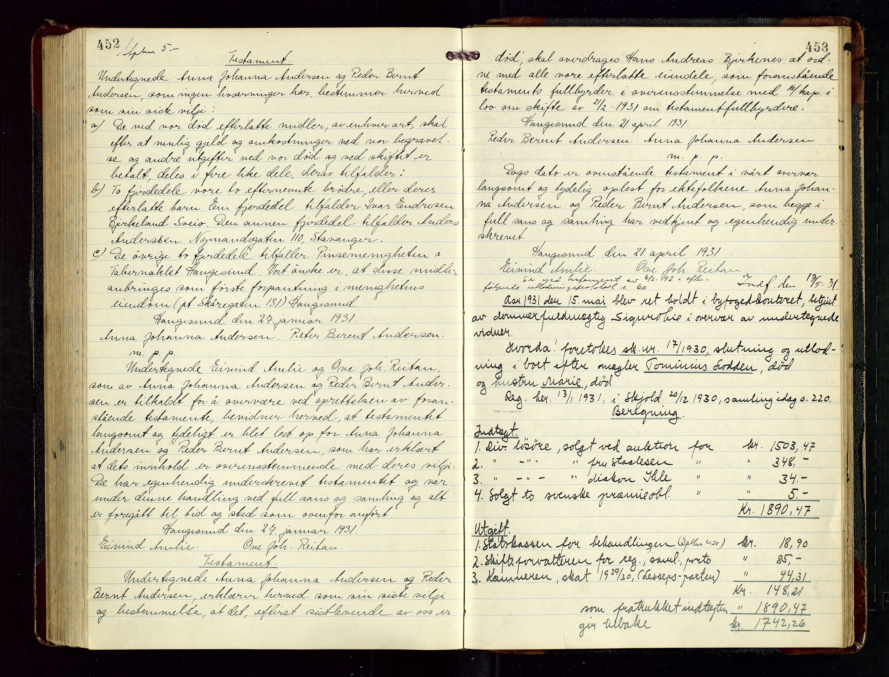 Haugesund tingrett, AV/SAST-A-101415/01/IV/IVD/L0004: Skifteutlodningsprotokoll, med register, 1924-1931, p. 452-453