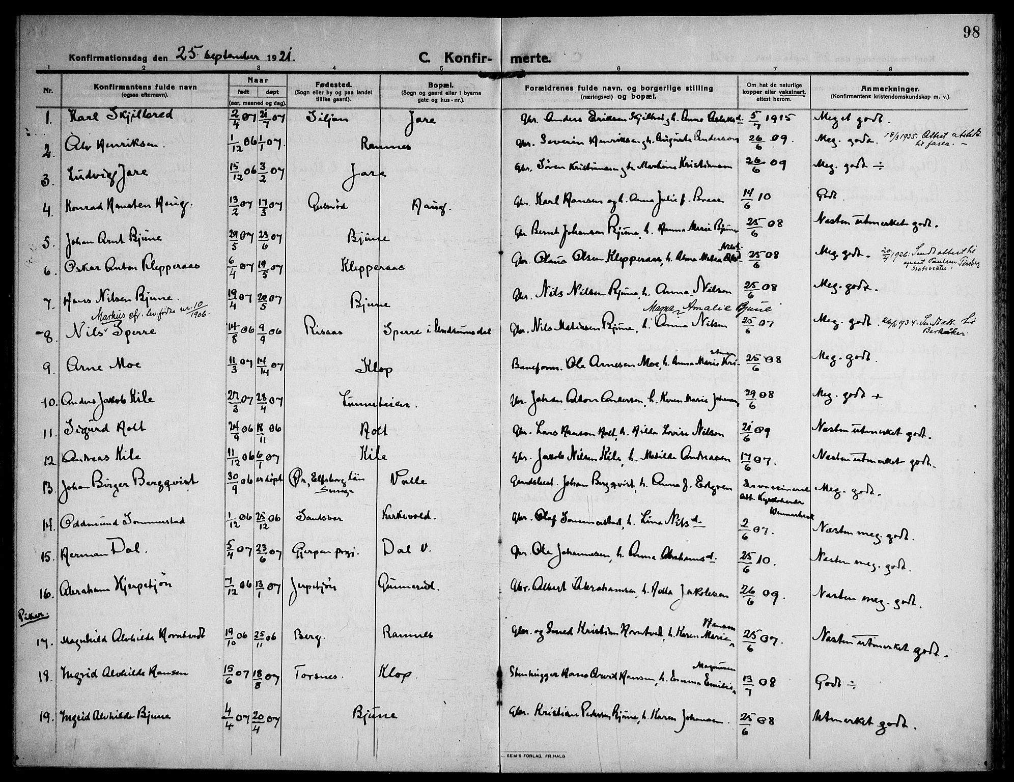 Ramnes kirkebøker, AV/SAKO-A-314/F/Fa/L0009: Parish register (official) no. I 9, 1912-1929, p. 98