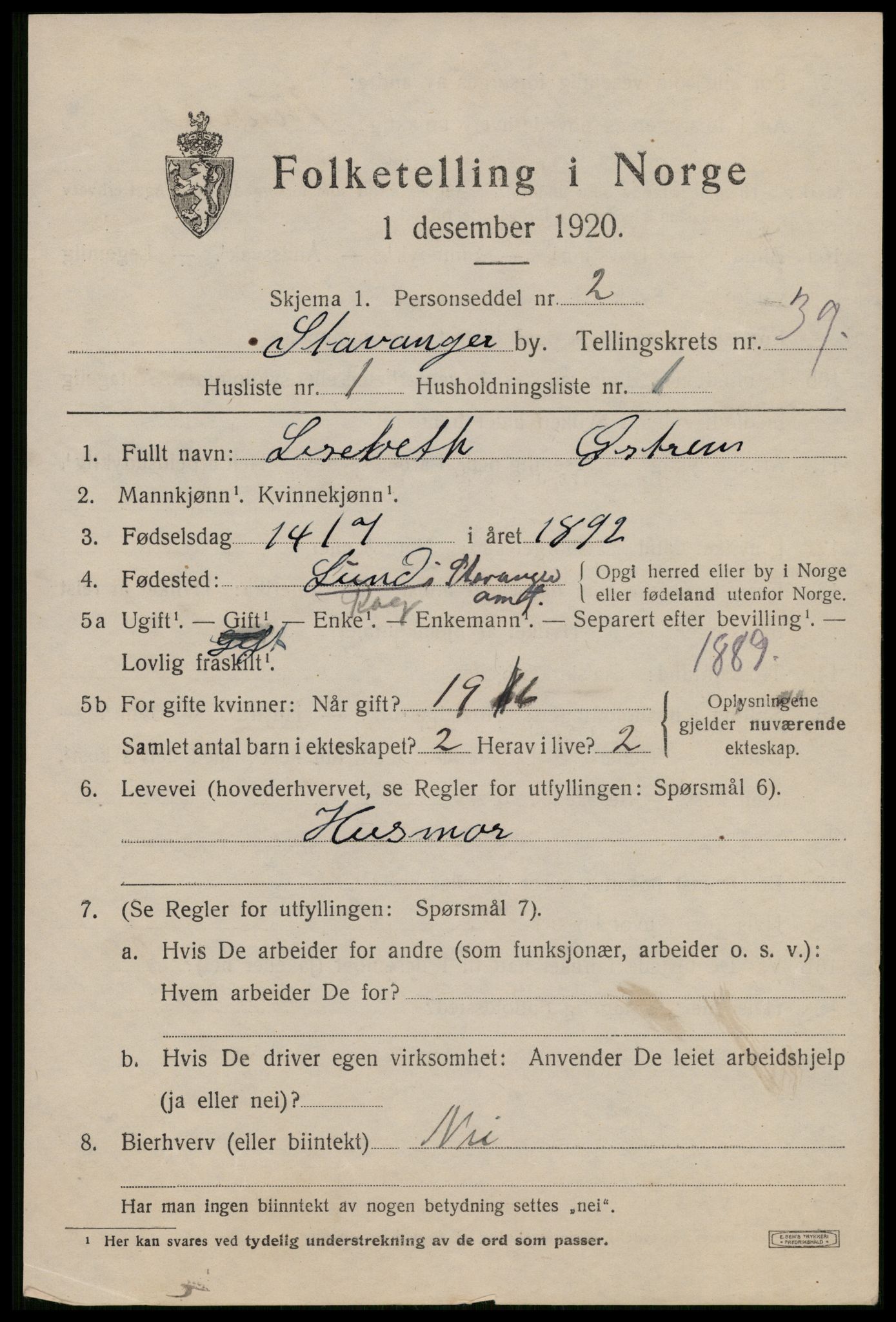 SAST, 1920 census for Stavanger, 1920, p. 101042