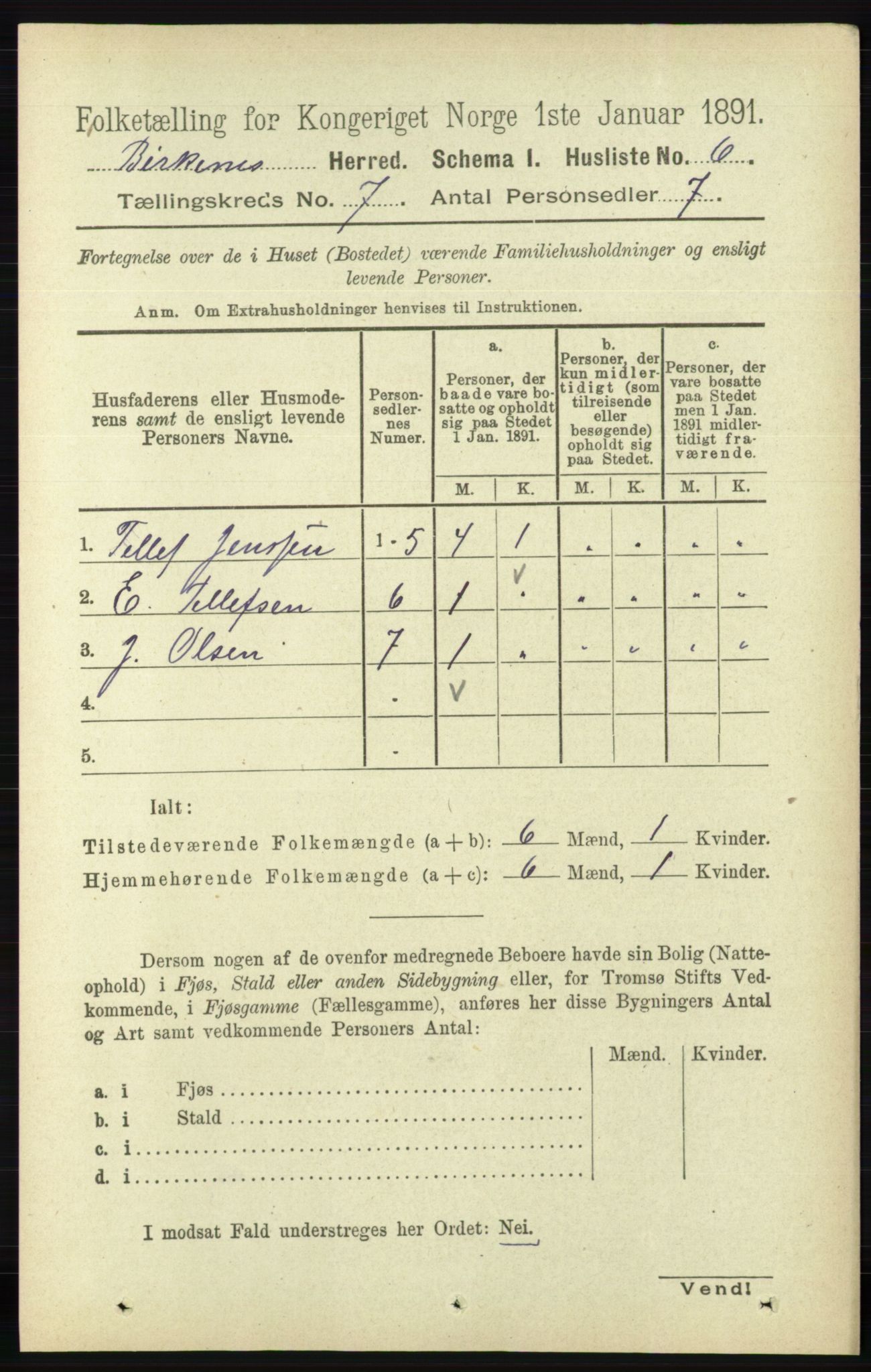 RA, 1891 Census for 0928 Birkenes, 1891, p. 1947