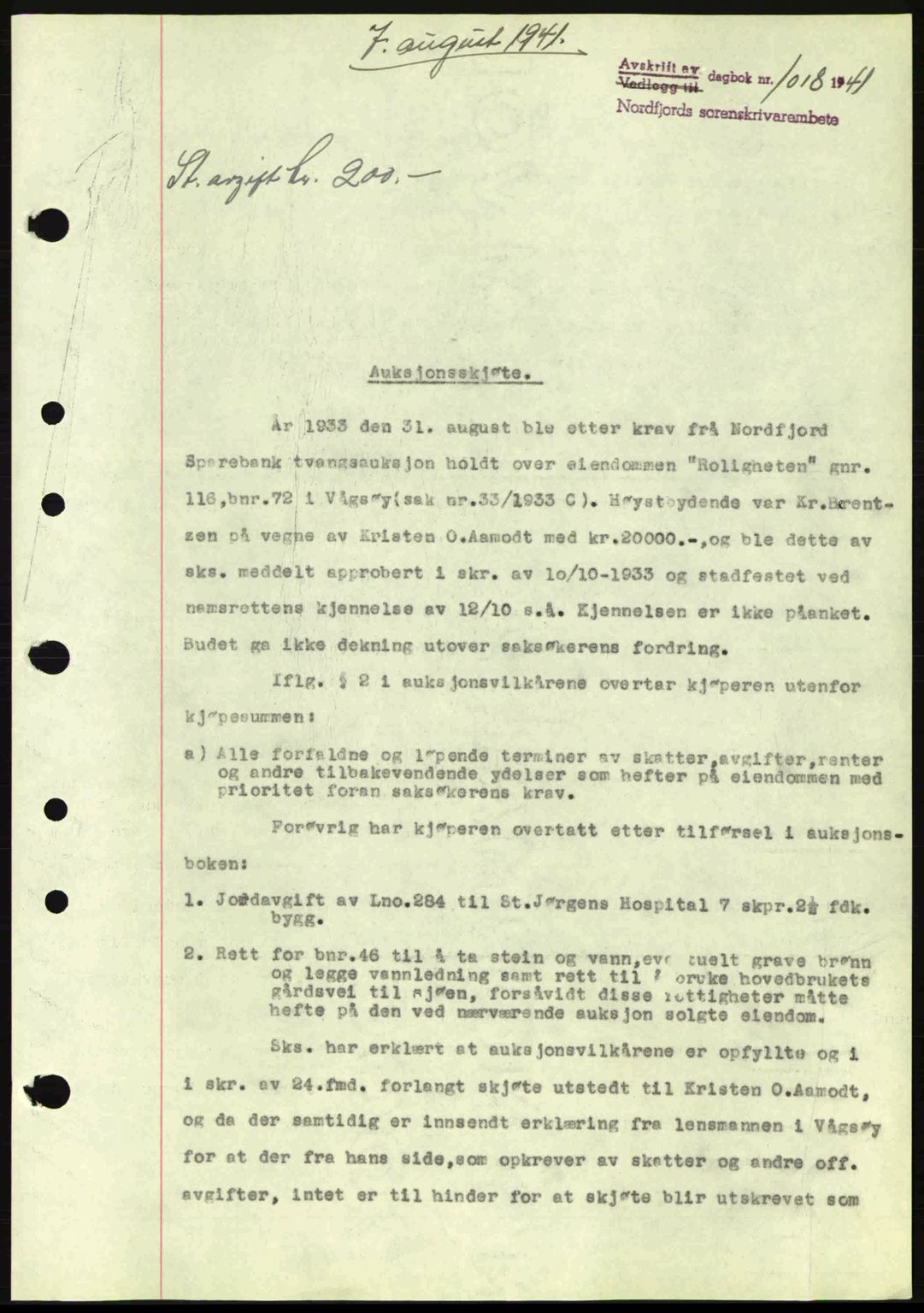 Nordfjord sorenskriveri, AV/SAB-A-2801/02/02b/02bj/L0006: Mortgage book no. A6, 1940-1941, Diary no: : 1018/1941