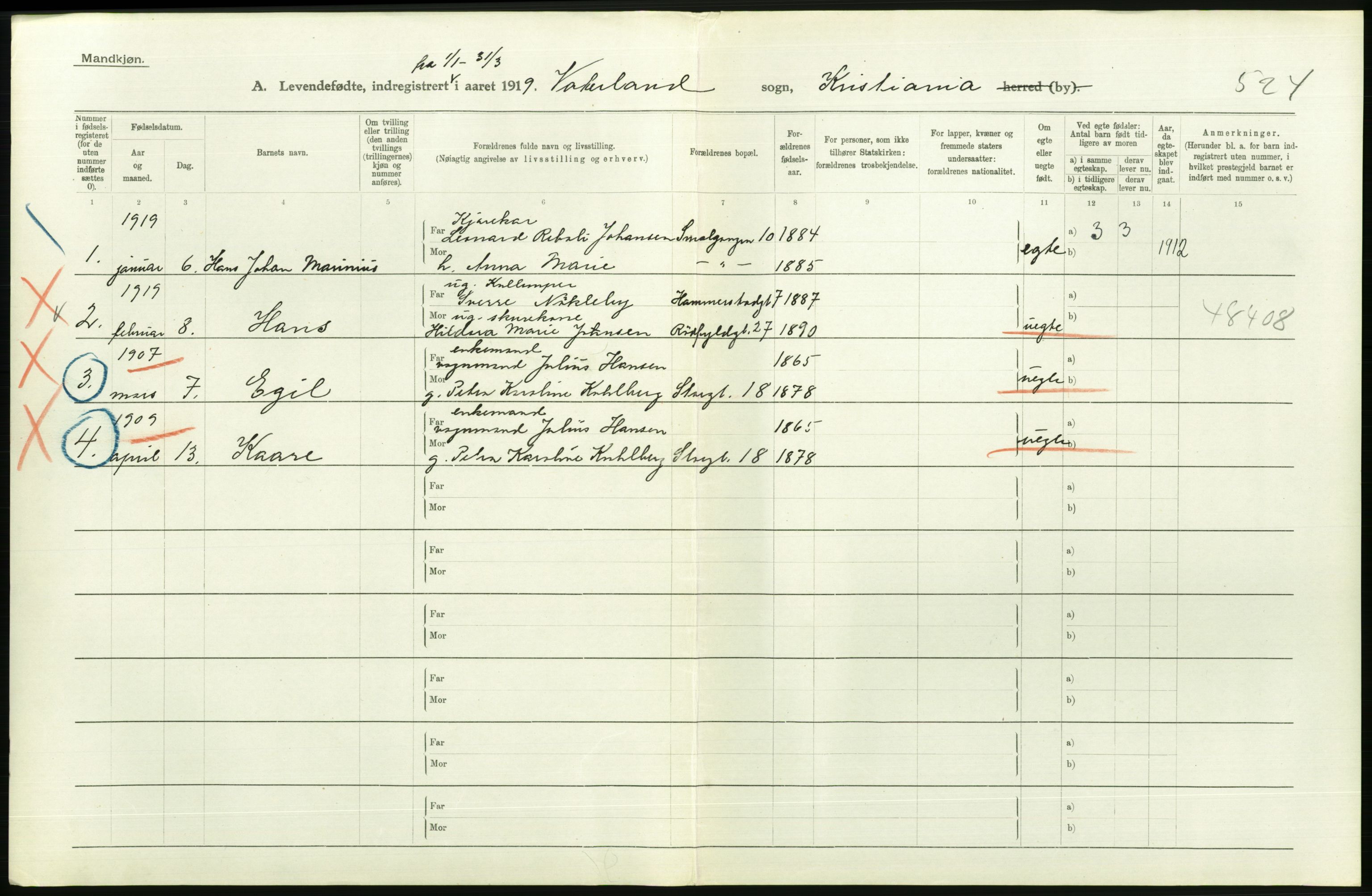 Statistisk sentralbyrå, Sosiodemografiske emner, Befolkning, AV/RA-S-2228/D/Df/Dfb/Dfbi/L0008: Kristiania: Levendefødte menn og kvinner., 1919