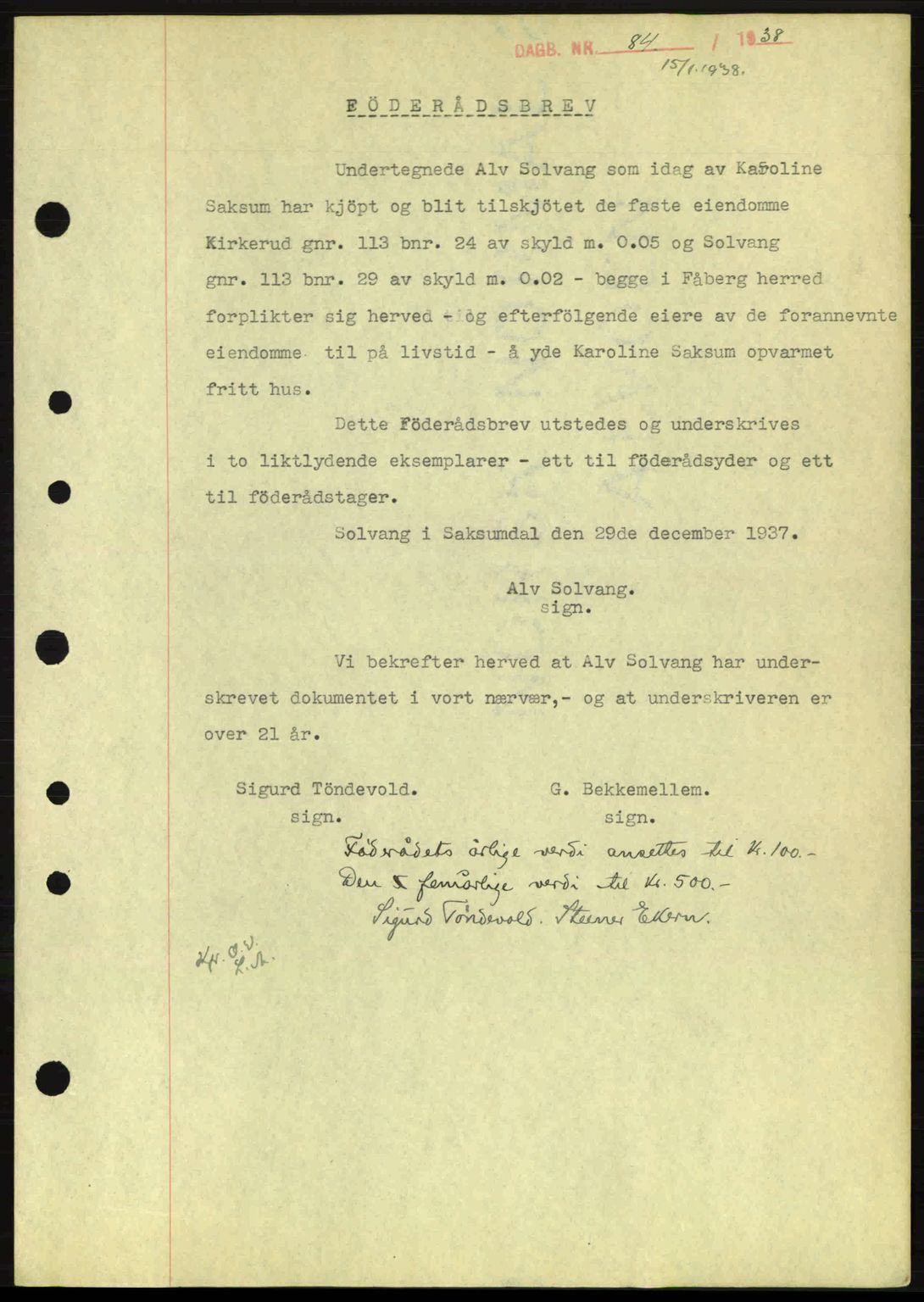 Sør-Gudbrandsdal tingrett, SAH/TING-004/H/Hb/Hbe/L0001: Mortgage book no. B1, 1936-1939, Diary no: : 84/1938