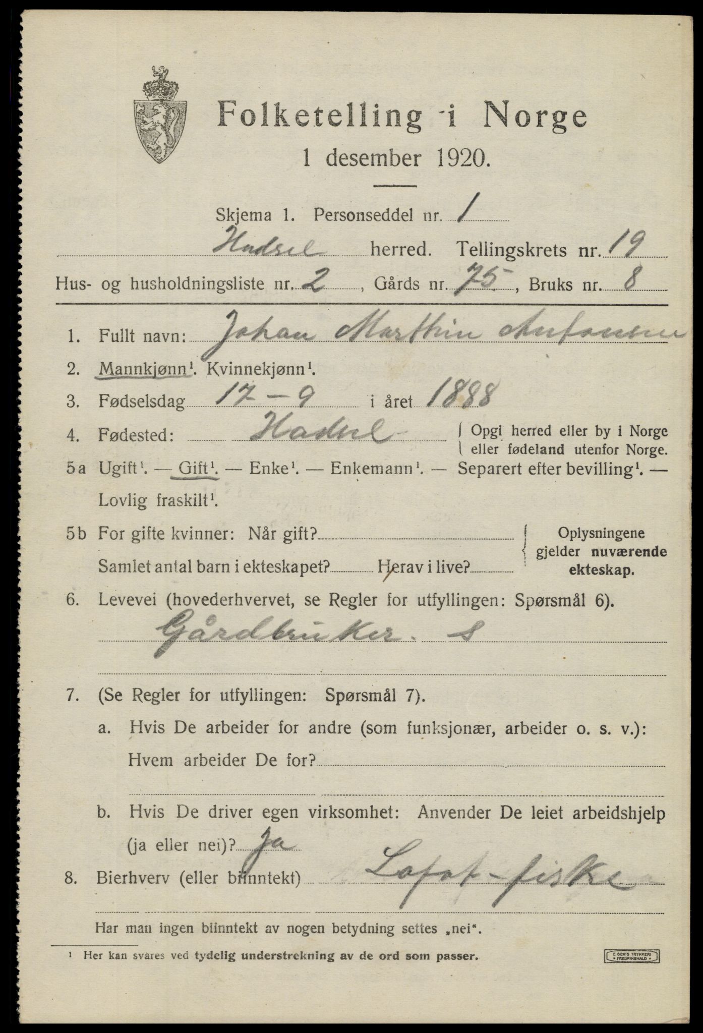 SAT, 1920 census for Hadsel, 1920, p. 17144