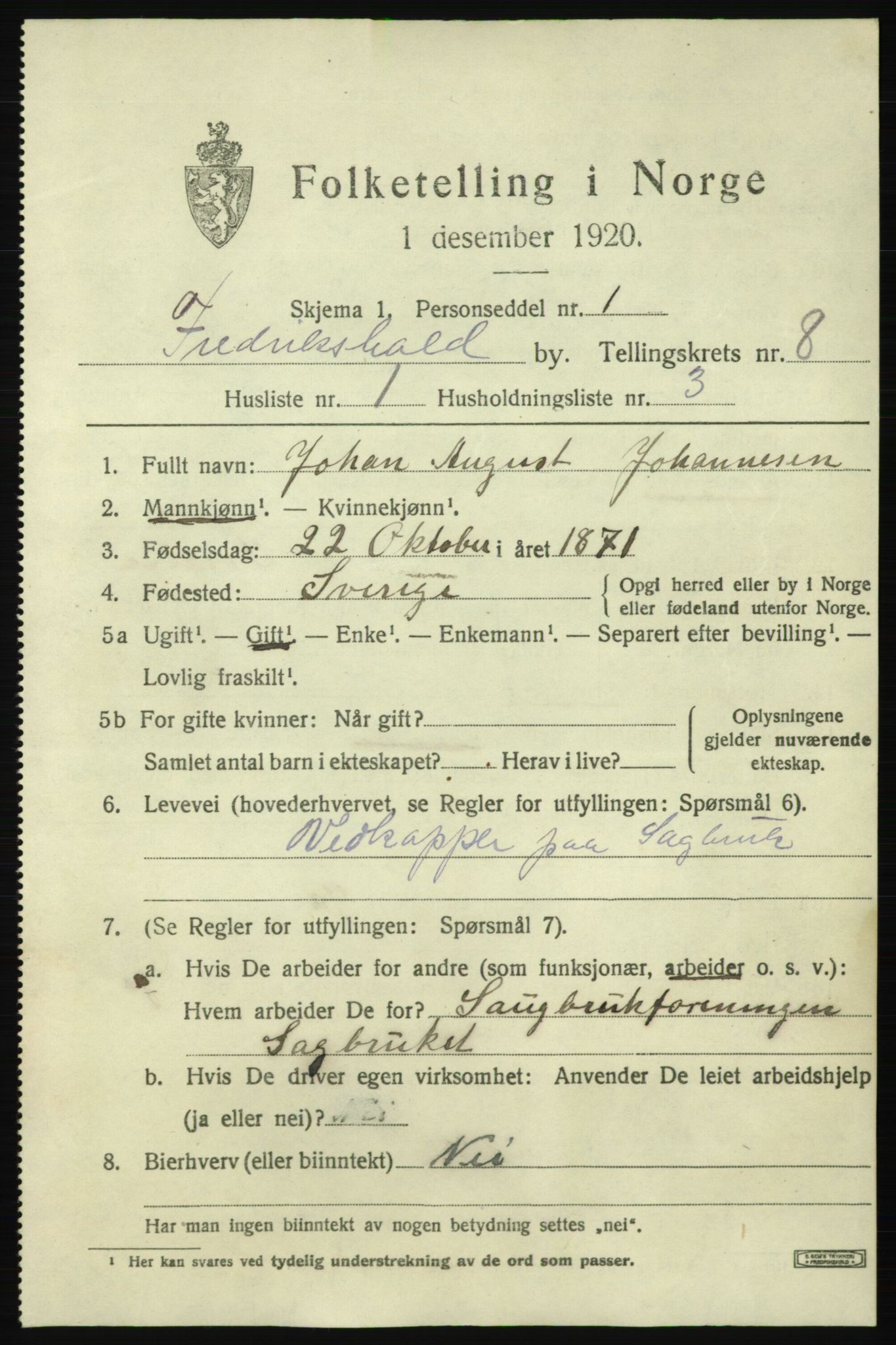 SAO, 1920 census for Fredrikshald, 1920, p. 14621