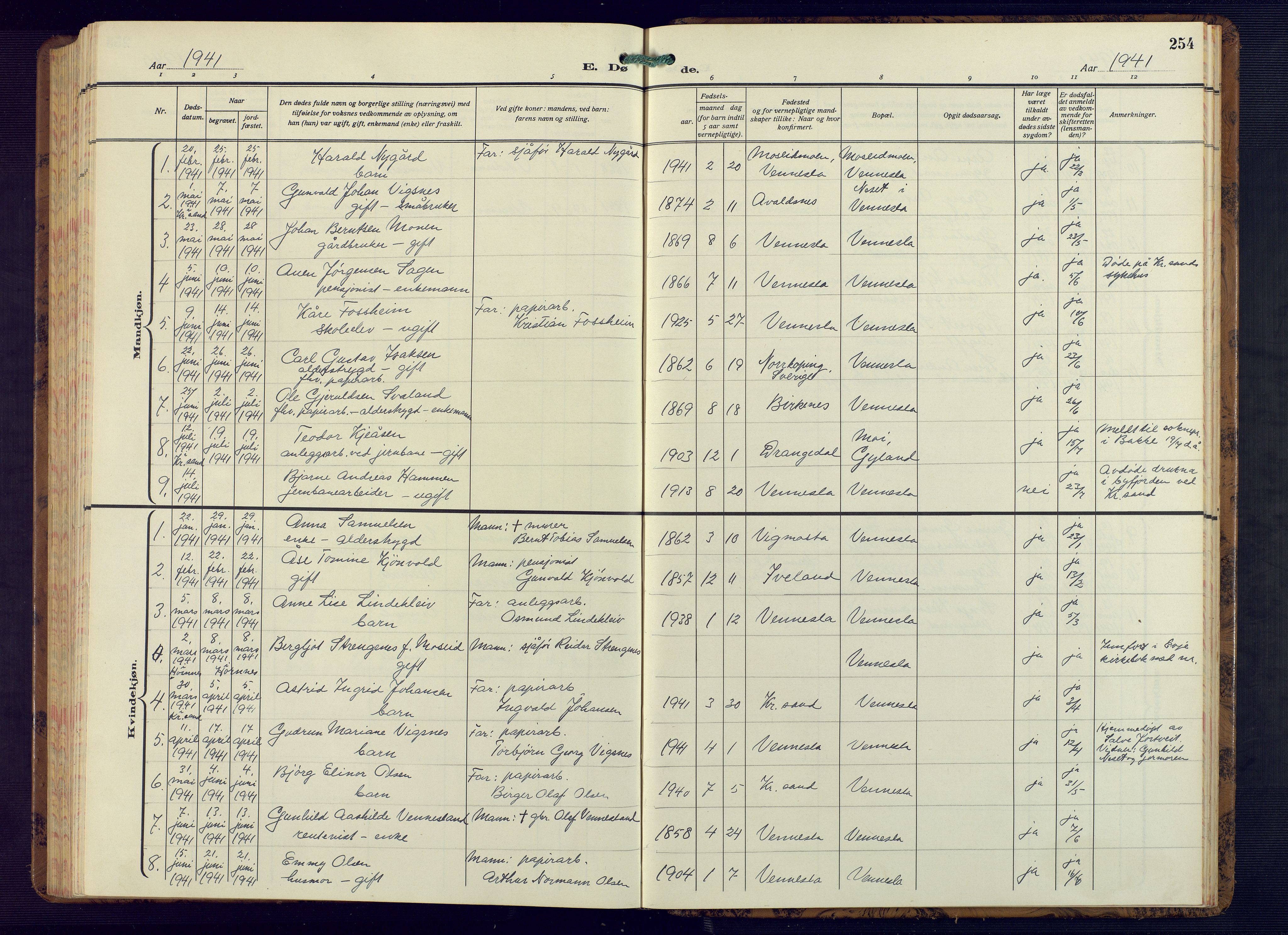 Vennesla sokneprestkontor, AV/SAK-1111-0045/Fb/Fbb/L0008: Parish register (copy) no. B 8, 1934-1947, p. 254