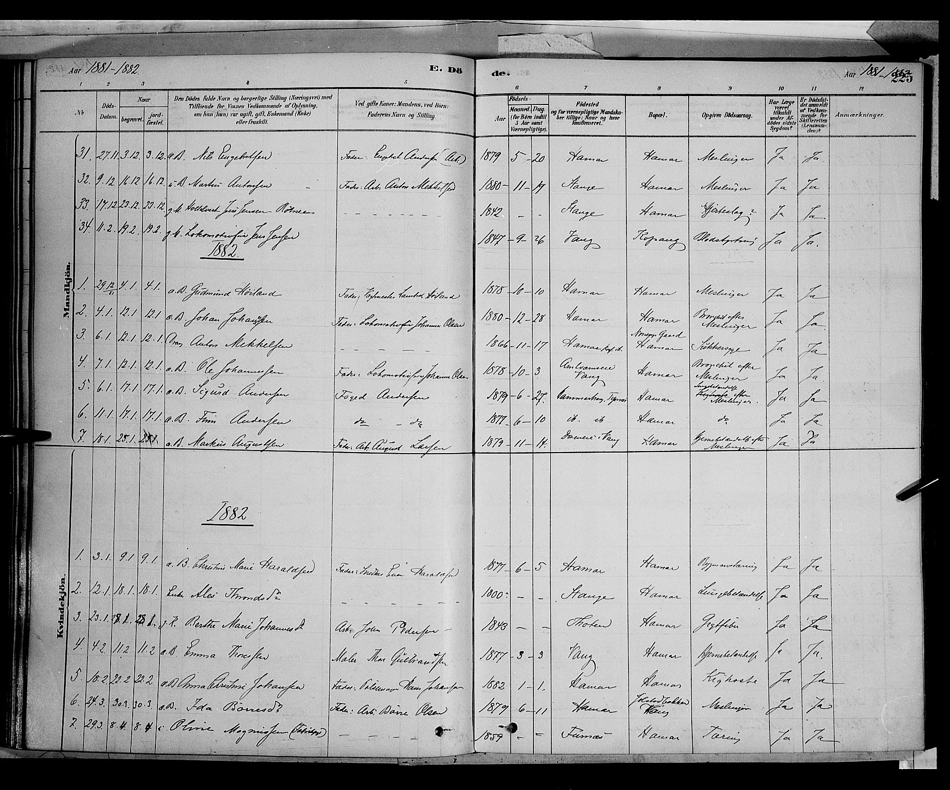 Vang prestekontor, Hedmark, SAH/PREST-008/H/Ha/Haa/L0016: Parish register (official) no. 16, 1878-1889, p. 225