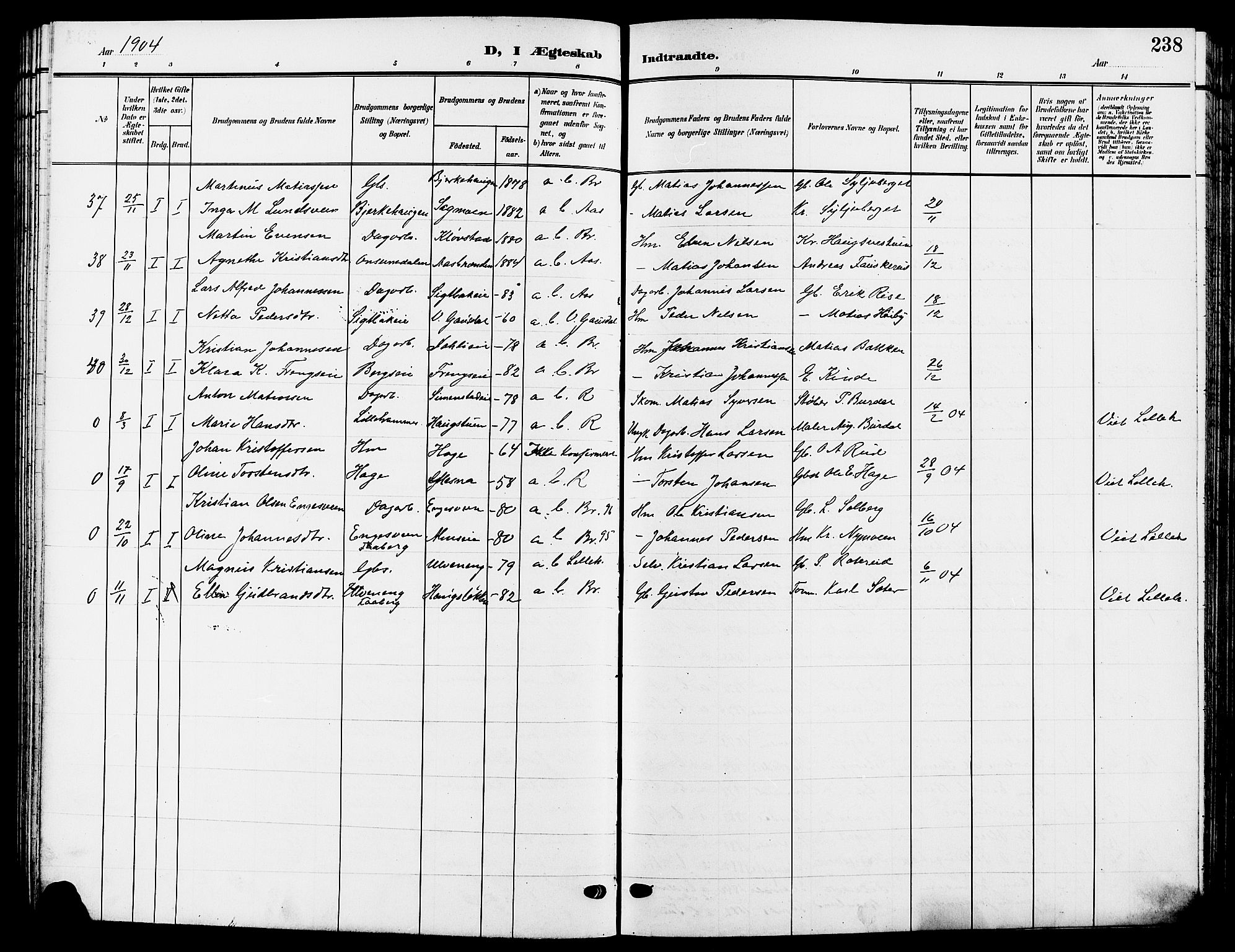 Ringsaker prestekontor, AV/SAH-PREST-014/L/La/L0015: Parish register (copy) no. 15, 1903-1912, p. 238