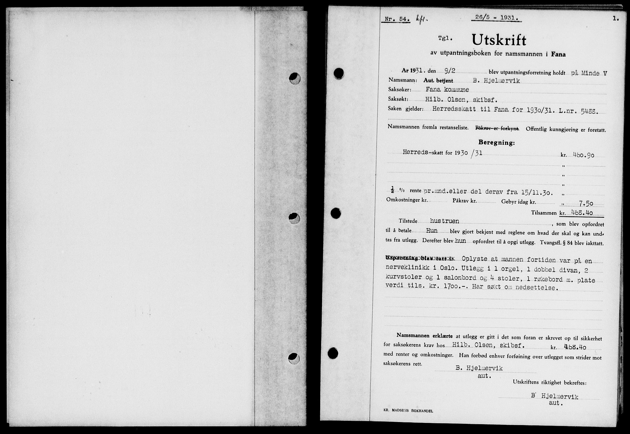 Midhordland sorenskriveri, AV/SAB-A-3001/1/G/Gb/Gbb/L0032: Mortgage book no. II.B.b.32, 1931-1931, p. 1