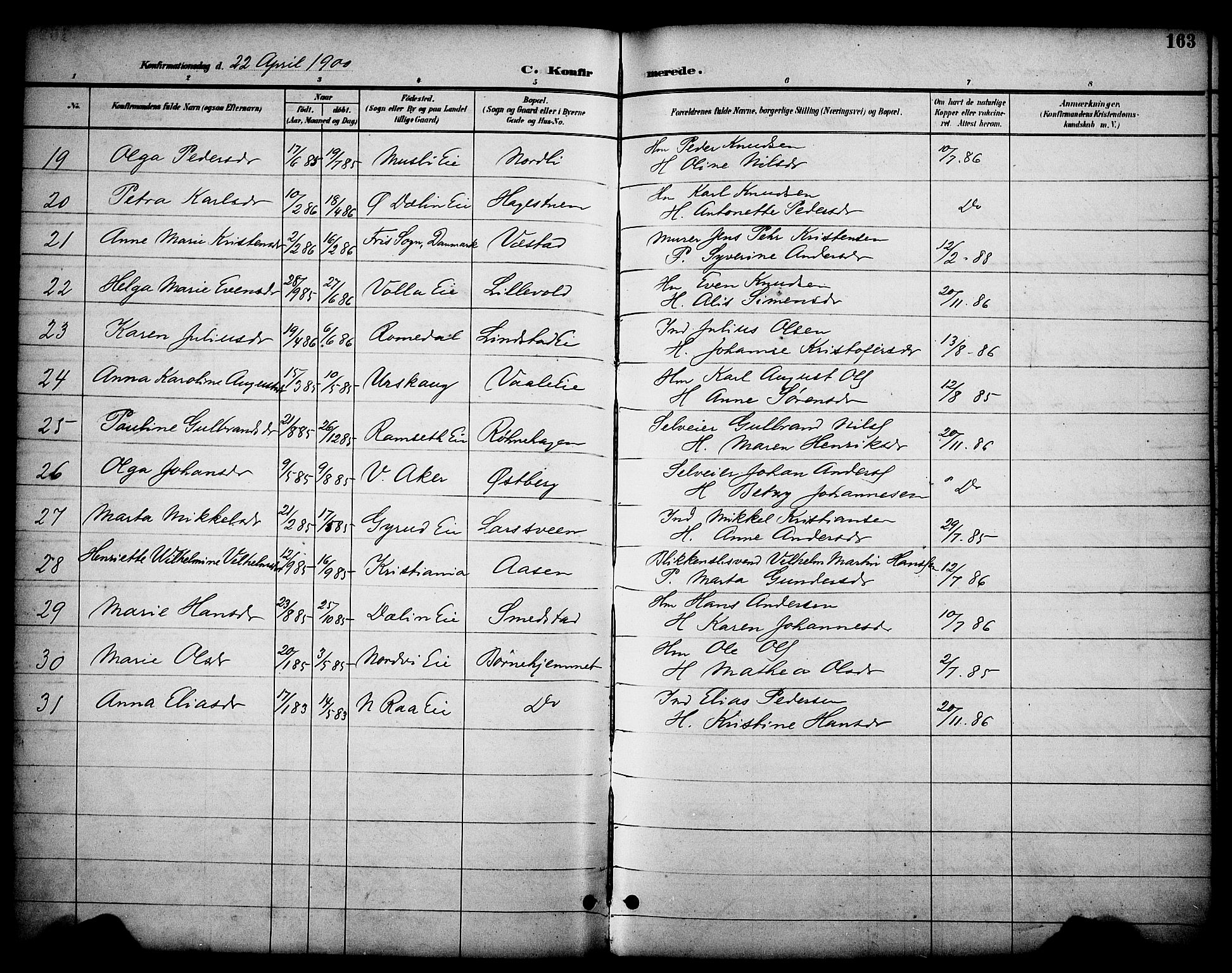 Stange prestekontor, SAH/PREST-002/K/L0020: Parish register (official) no. 20, 1894-1905, p. 163