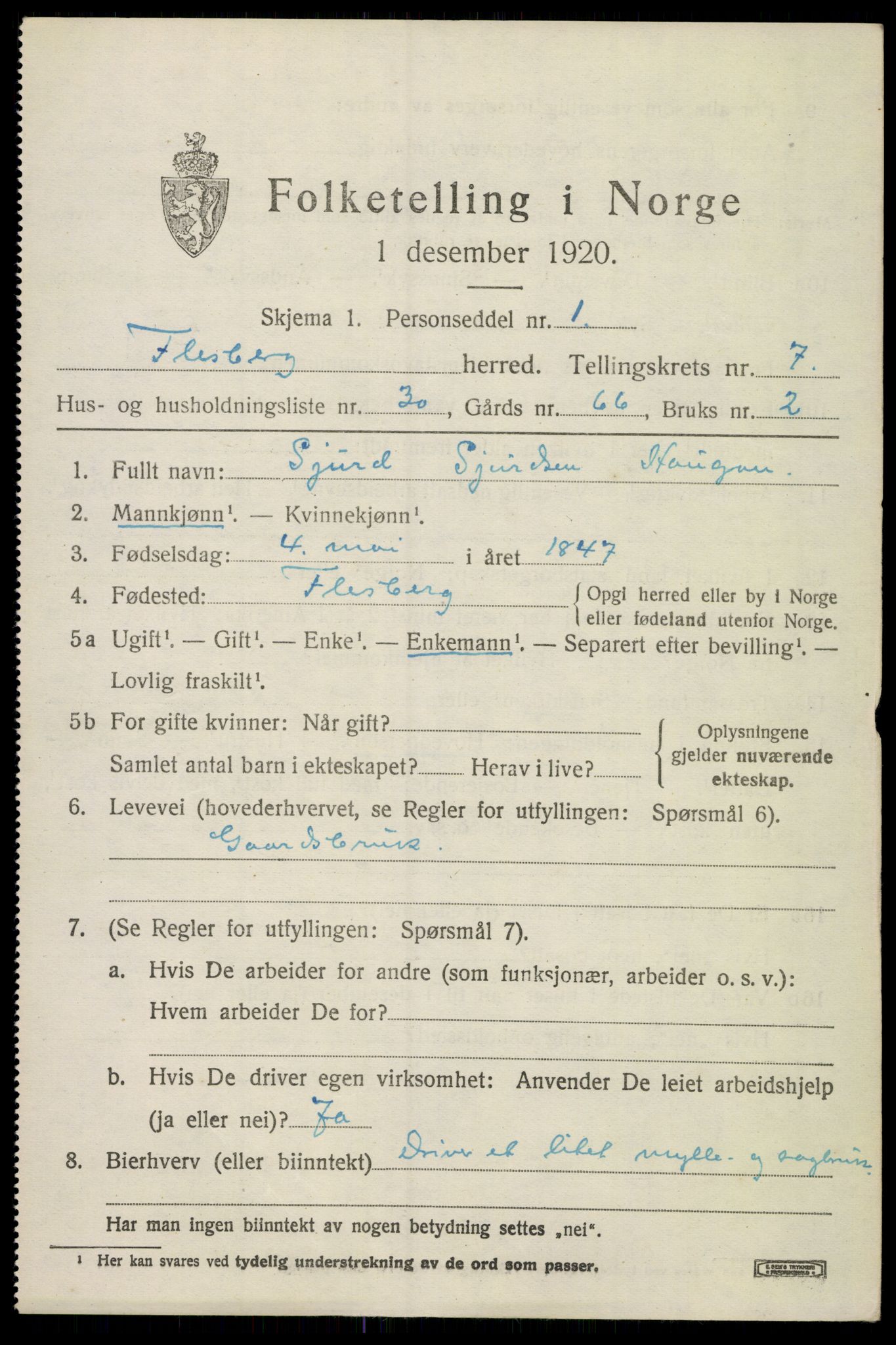 SAKO, 1920 census for Flesberg, 1920, p. 3047