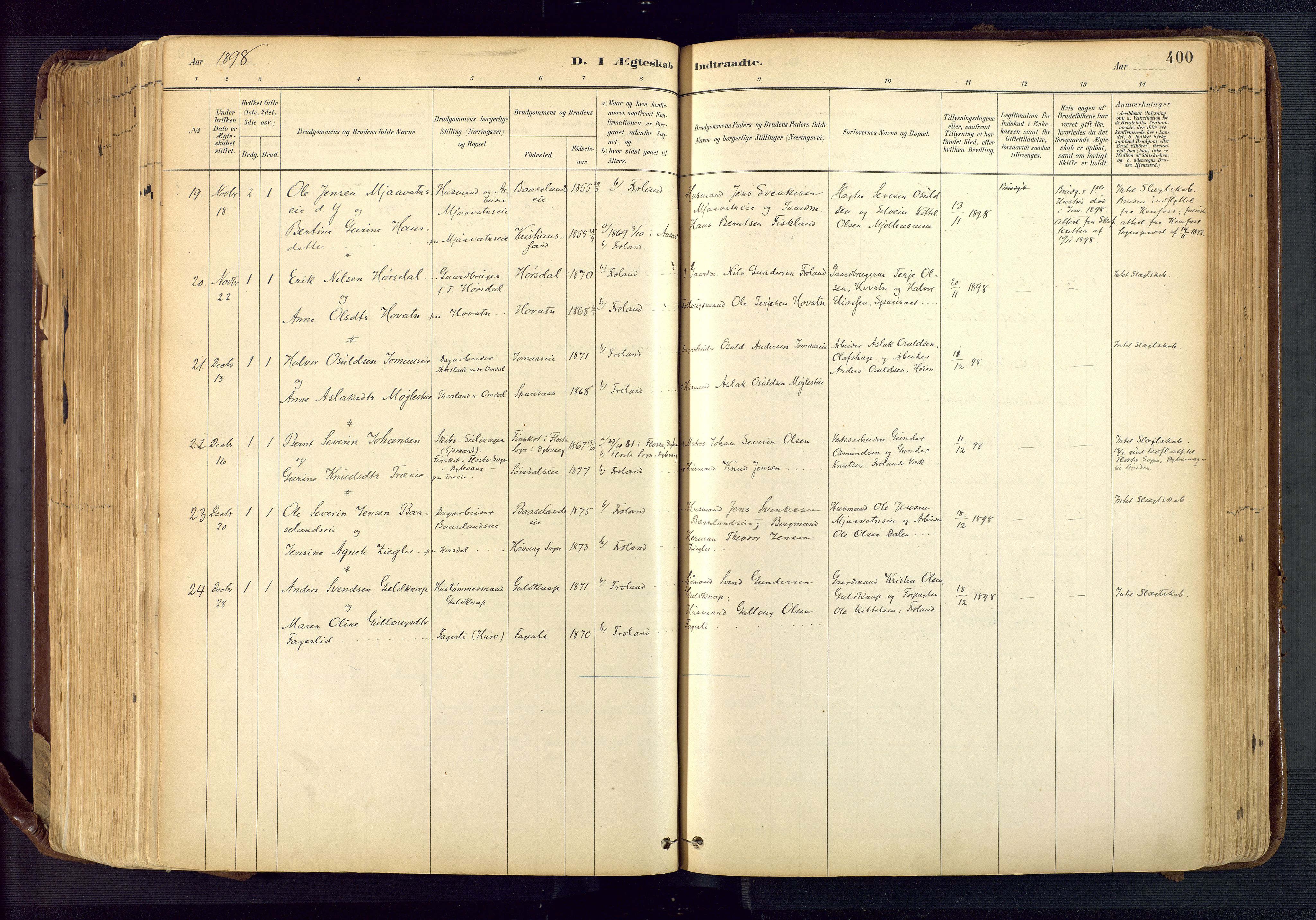 Froland sokneprestkontor, SAK/1111-0013/F/Fa/L0005: Parish register (official) no. A 5, 1882-1921, p. 400