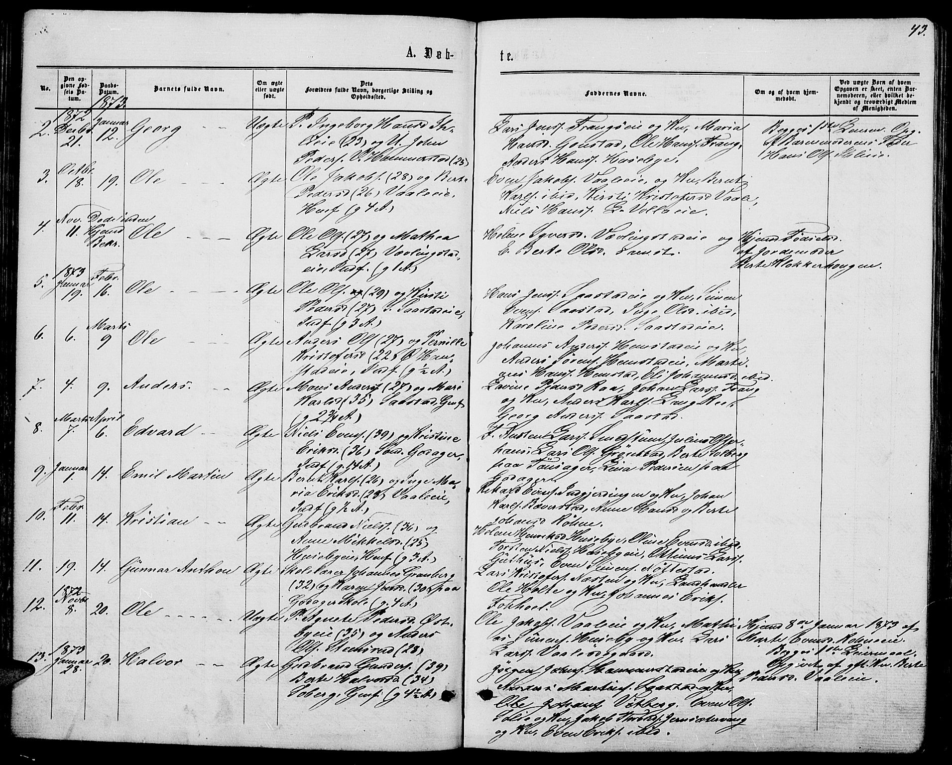 Stange prestekontor, AV/SAH-PREST-002/L/L0006: Parish register (copy) no. 6, 1864-1882, p. 43