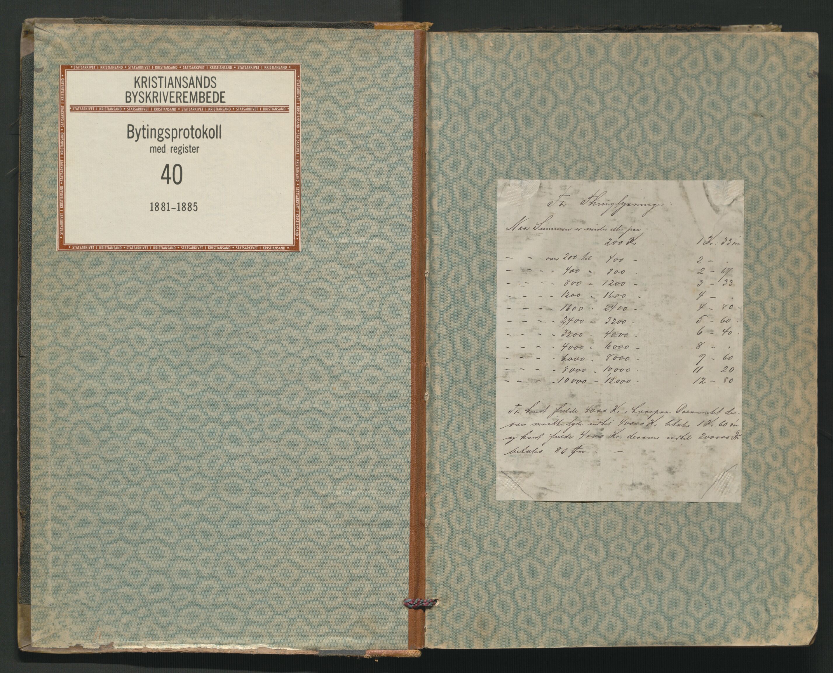 Kristiansand byrett, AV/SAK-1223-0001/F/Fa/L0042: Bytingsprotokoll nr. 40 med register, 1881-1885