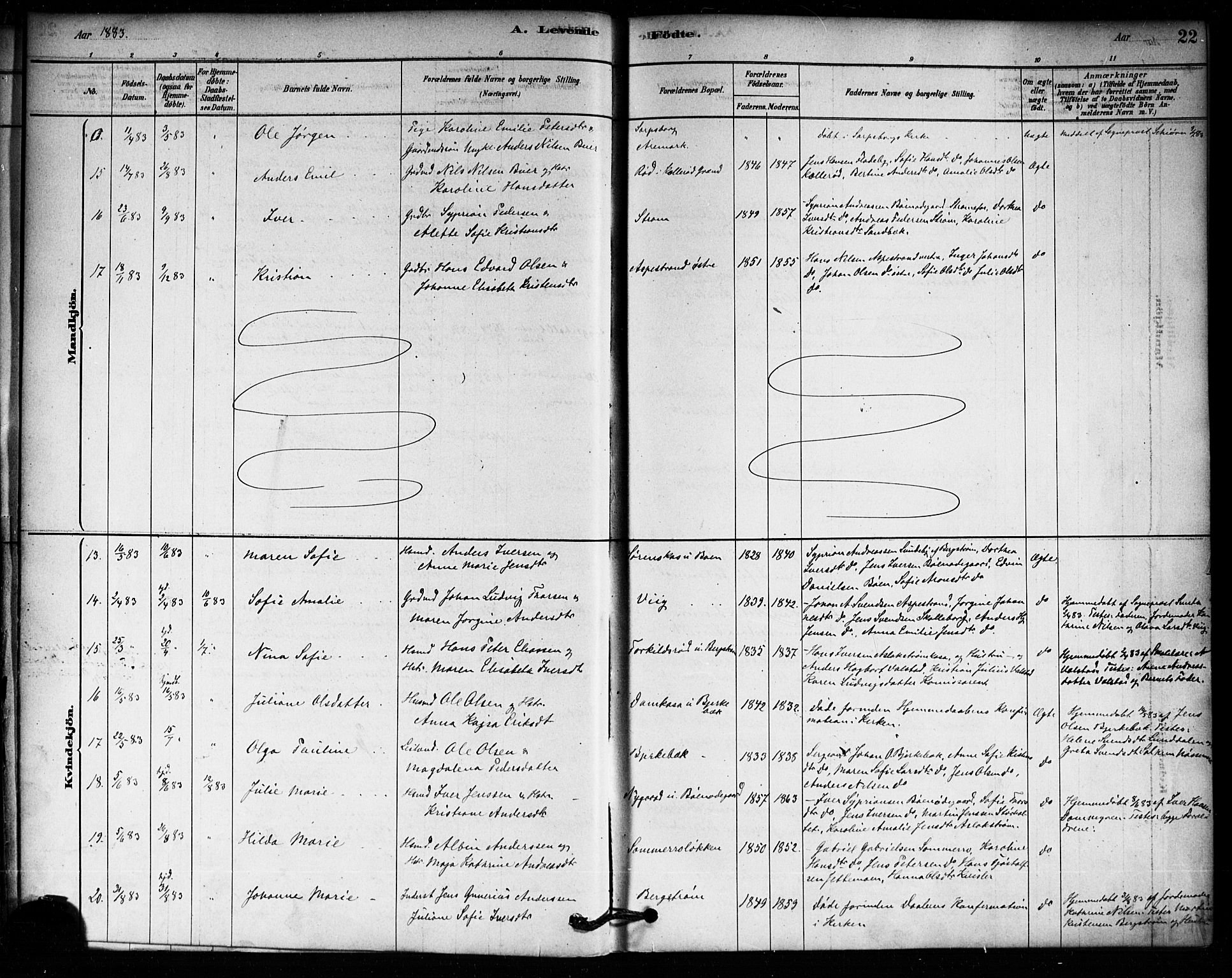 Aremark prestekontor Kirkebøker, AV/SAO-A-10899/F/Fa/L0005: Parish register (official) no. I 5, 1878-1897, p. 22