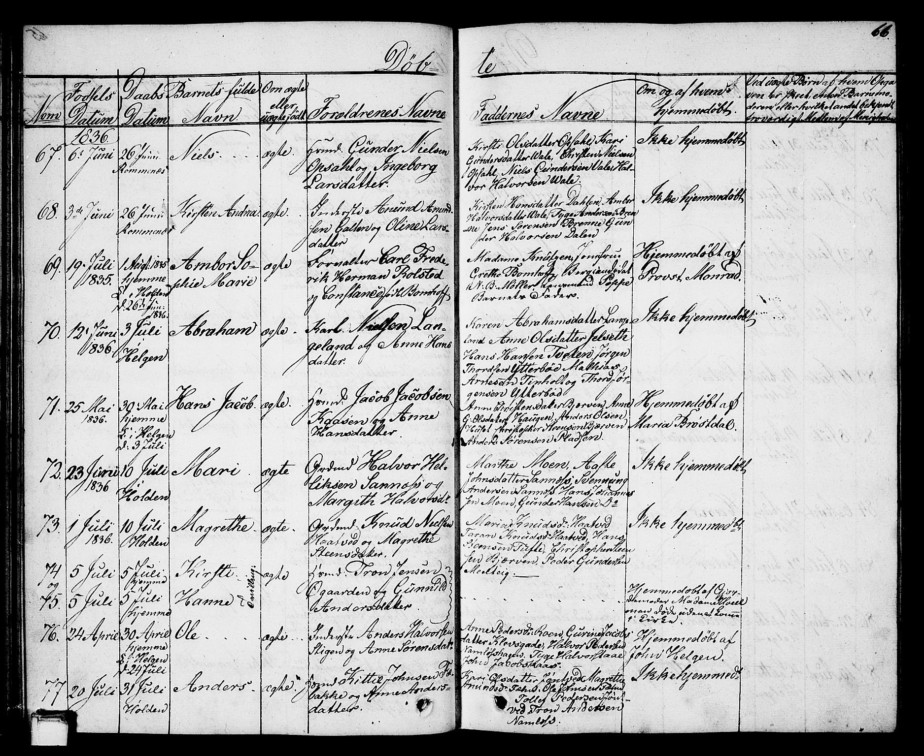 Holla kirkebøker, SAKO/A-272/G/Ga/L0002: Parish register (copy) no. I 2, 1830-1848, p. 66