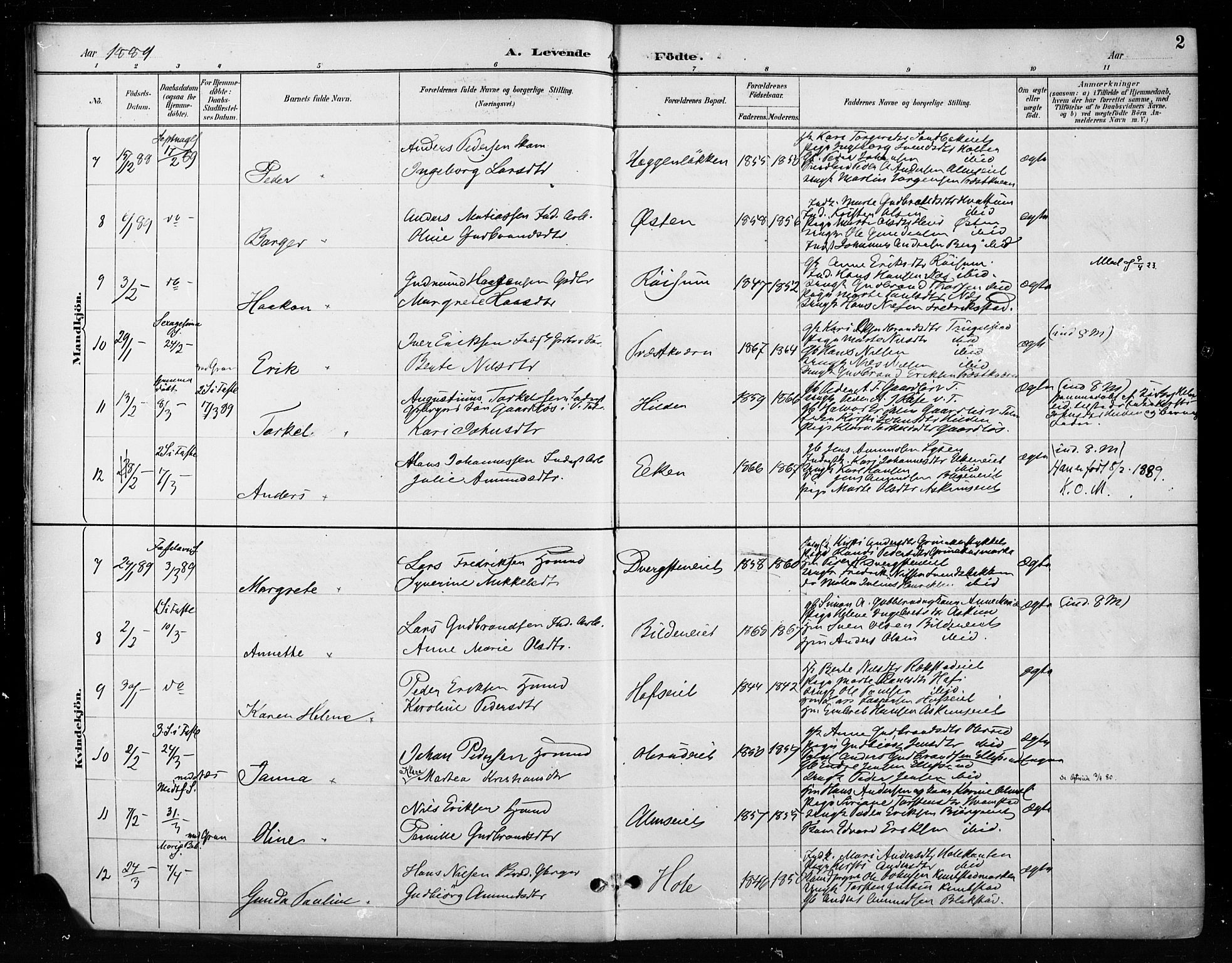 Gran prestekontor, SAH/PREST-112/H/Ha/Haa/L0018: Parish register (official) no. 18, 1889-1899, p. 2