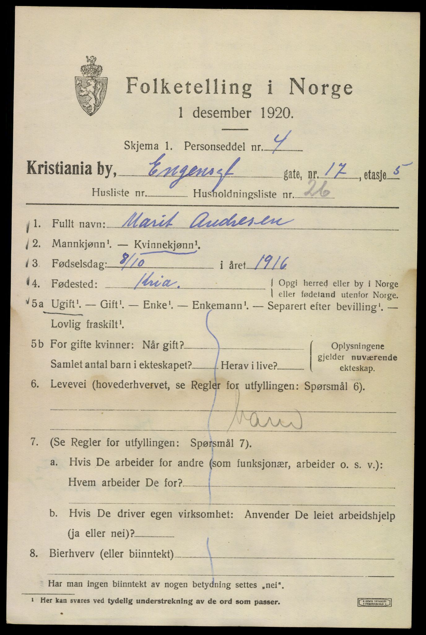 SAO, 1920 census for Kristiania, 1920, p. 219095