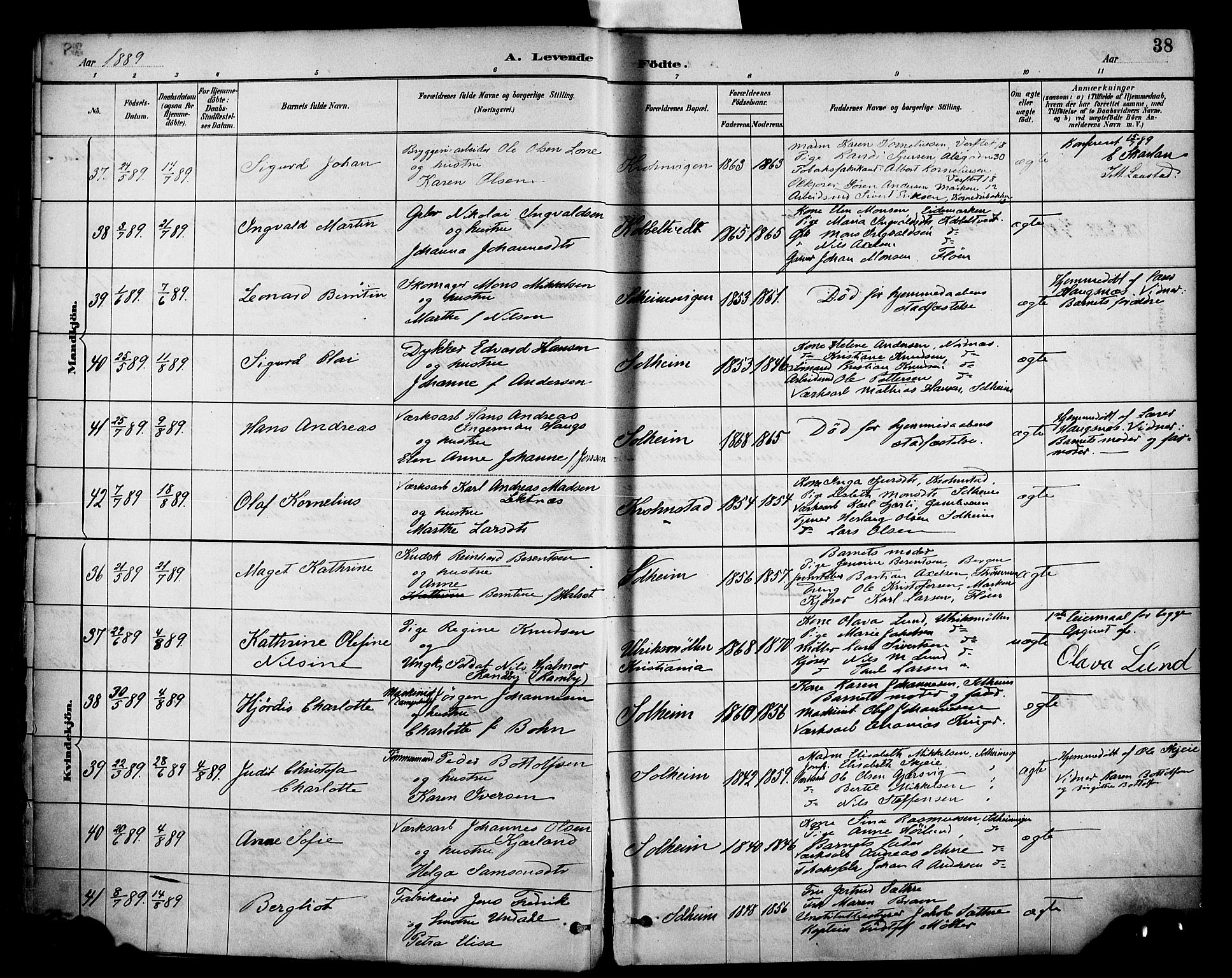 Årstad Sokneprestembete, AV/SAB-A-79301/H/Haa/L0001: Parish register (official) no. A 1, 1886-1901, p. 38