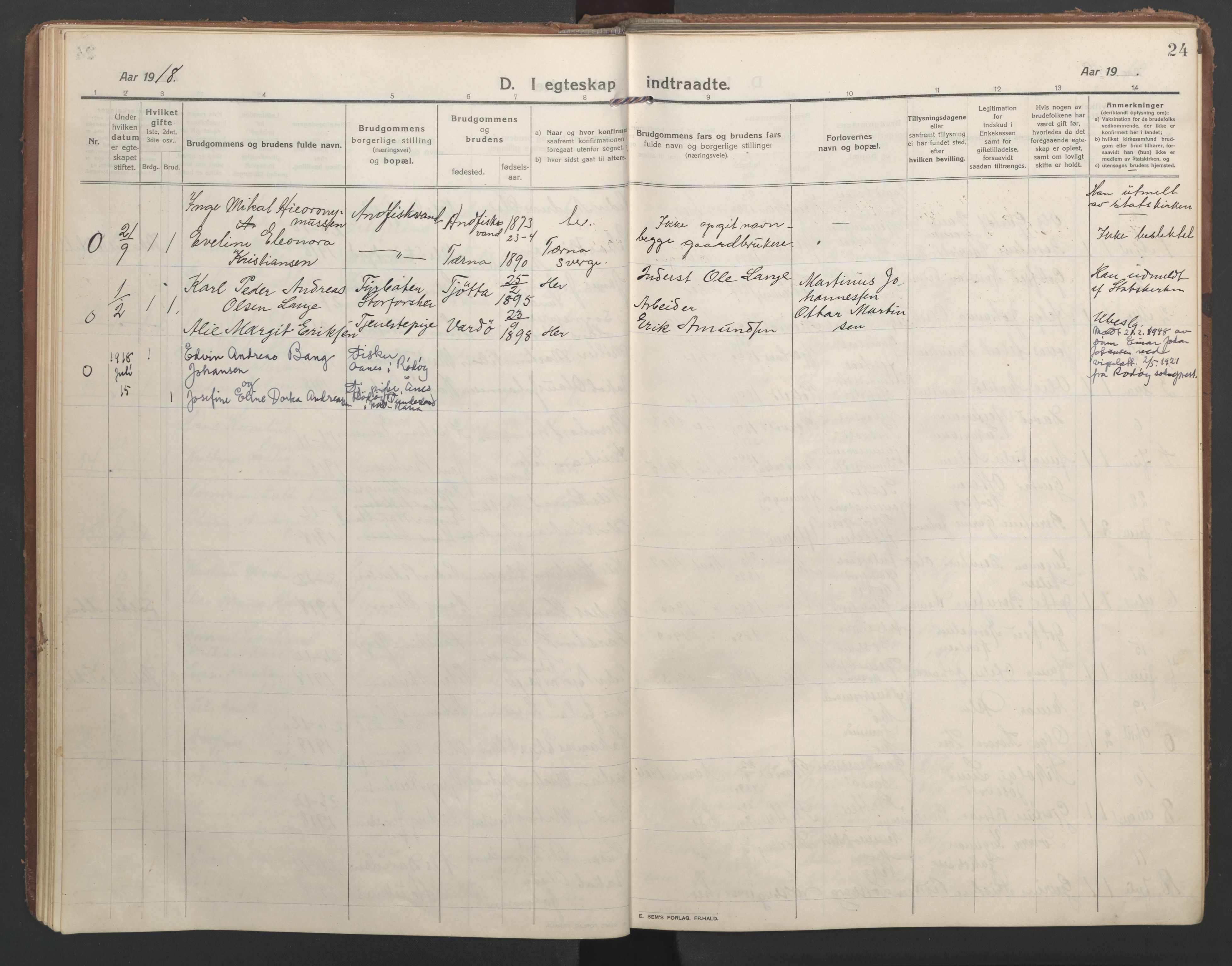 Ministerialprotokoller, klokkerbøker og fødselsregistre - Nordland, SAT/A-1459/827/L0405: Parish register (official) no. 827A17, 1912-1925, p. 24