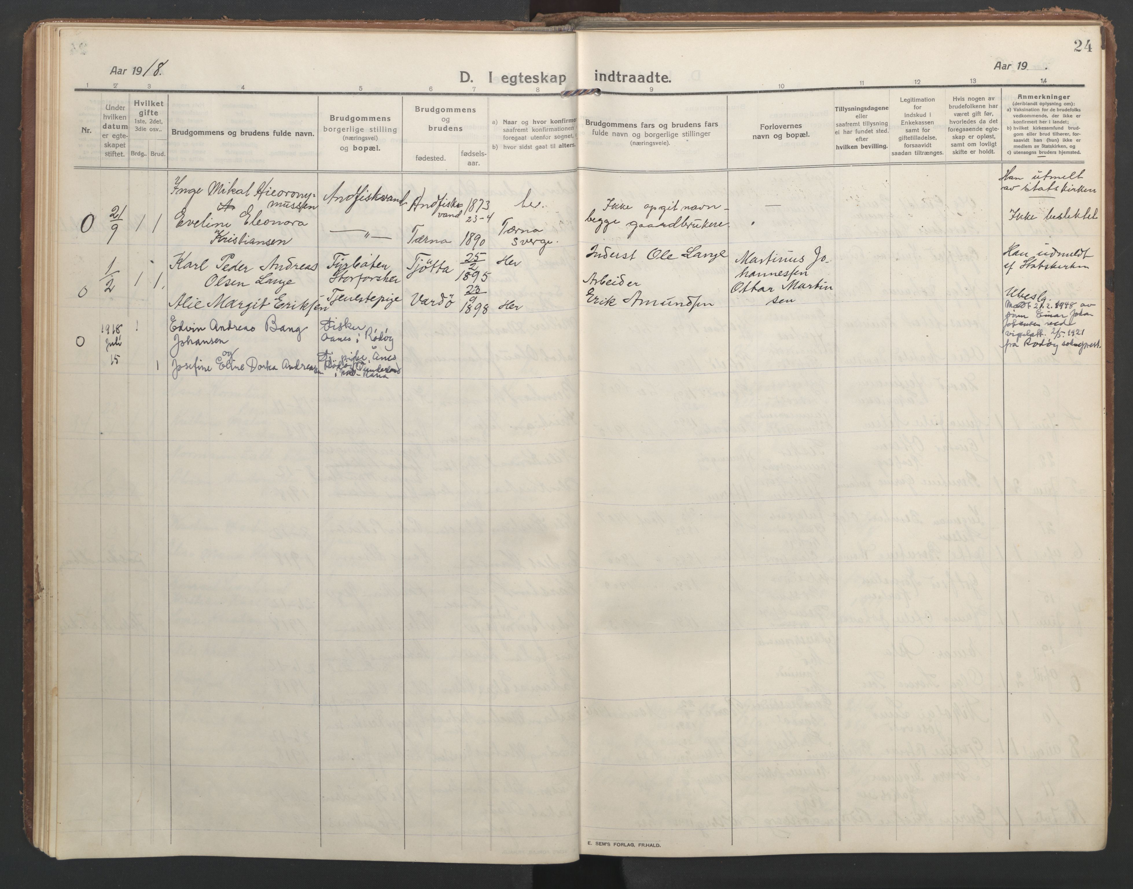 Ministerialprotokoller, klokkerbøker og fødselsregistre - Nordland, AV/SAT-A-1459/827/L0405: Parish register (official) no. 827A17, 1912-1925, p. 24