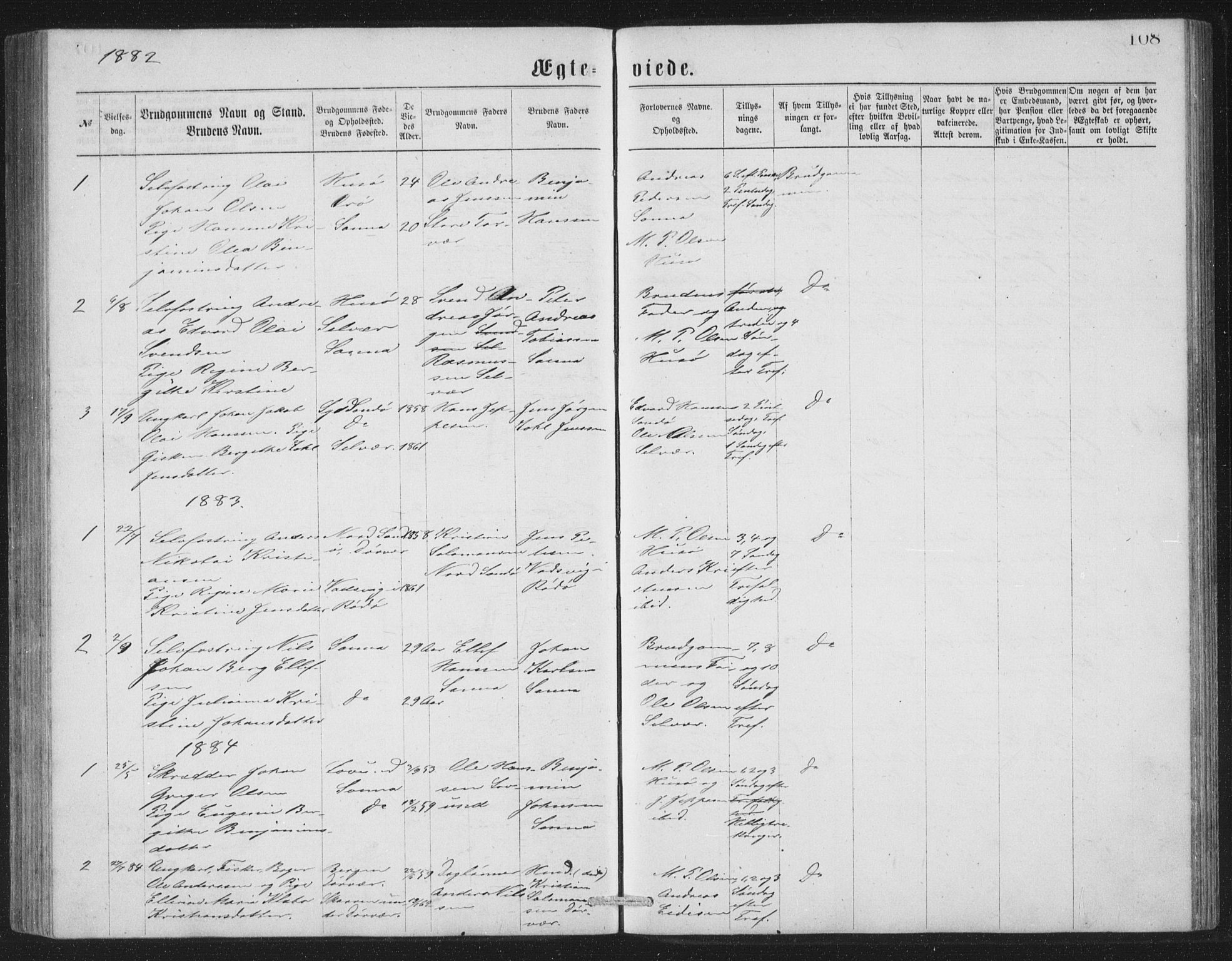 Ministerialprotokoller, klokkerbøker og fødselsregistre - Nordland, AV/SAT-A-1459/840/L0582: Parish register (copy) no. 840C02, 1874-1900, p. 108