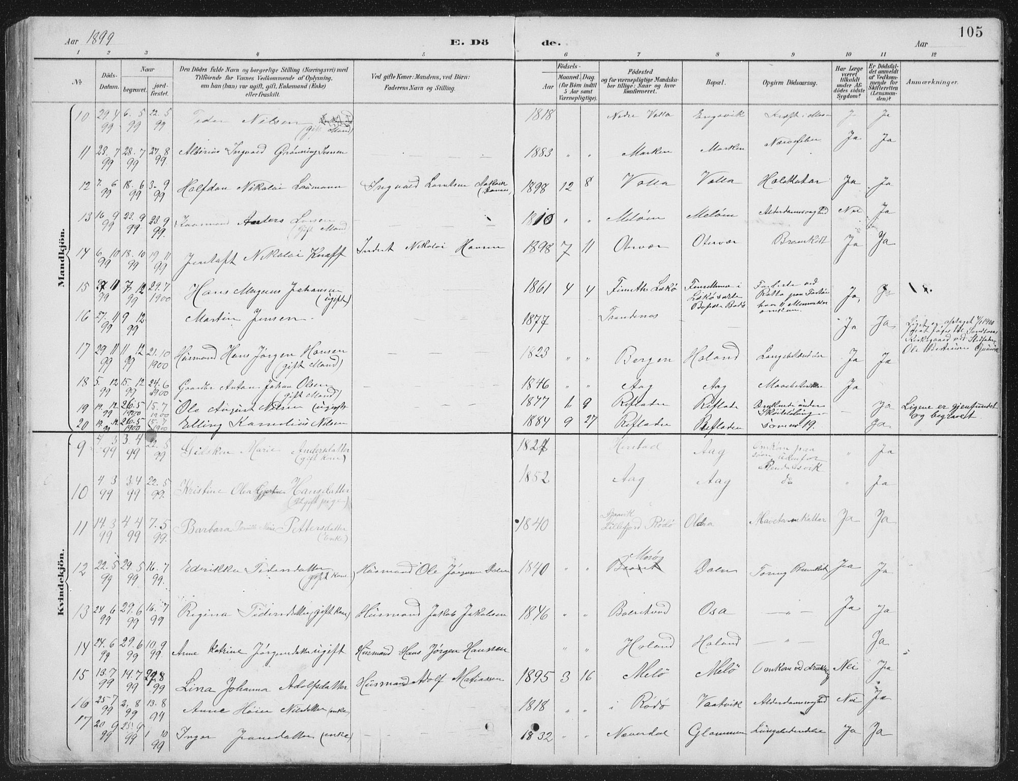 Ministerialprotokoller, klokkerbøker og fødselsregistre - Nordland, AV/SAT-A-1459/843/L0638: Parish register (copy) no. 843C07, 1888-1907, p. 105