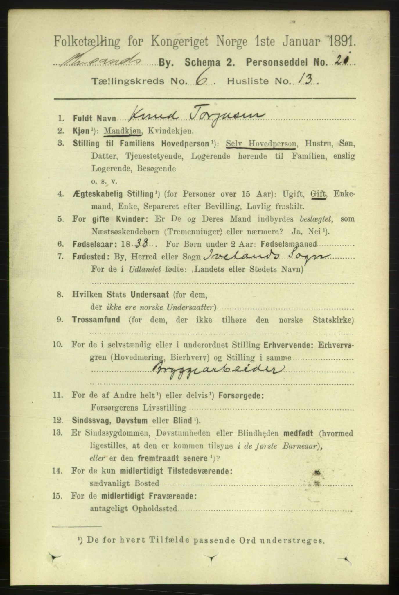 RA, 1891 census for 1001 Kristiansand, 1891, p. 4602