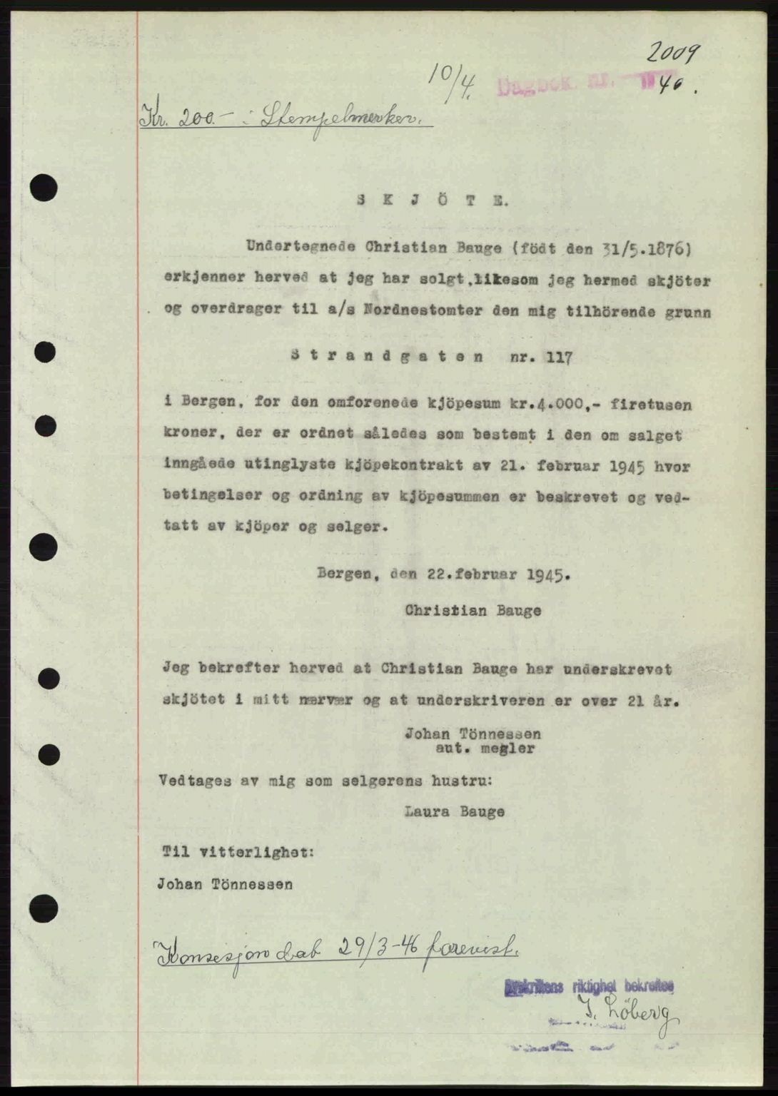 Byfogd og Byskriver i Bergen, SAB/A-3401/03/03Bc/L0022: Mortgage book no. A18, 1946-1946, Diary no: : 2009/1946