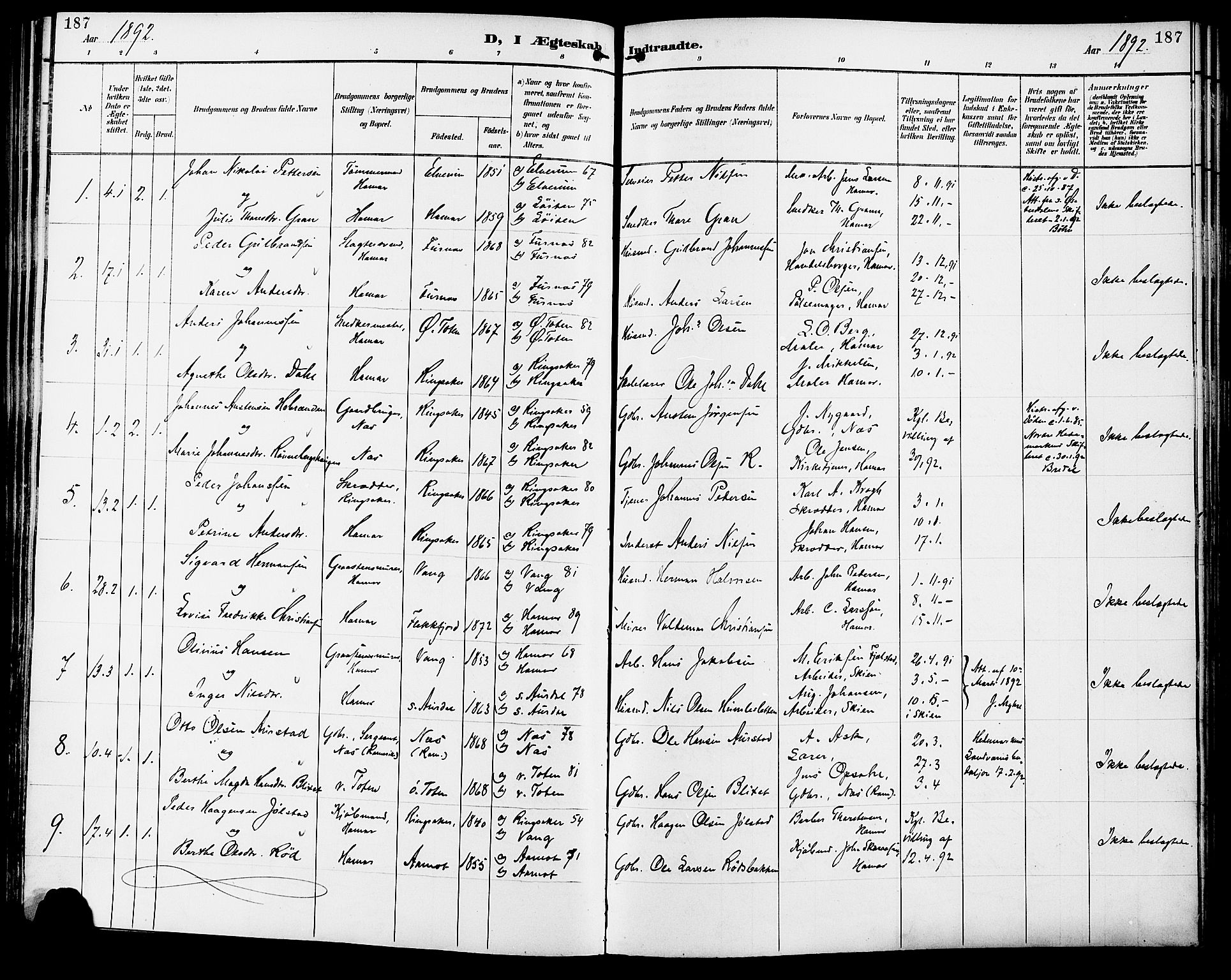 Vang prestekontor, Hedmark, SAH/PREST-008/H/Ha/Haa/L0017: Parish register (official) no. 17, 1890-1899, p. 187