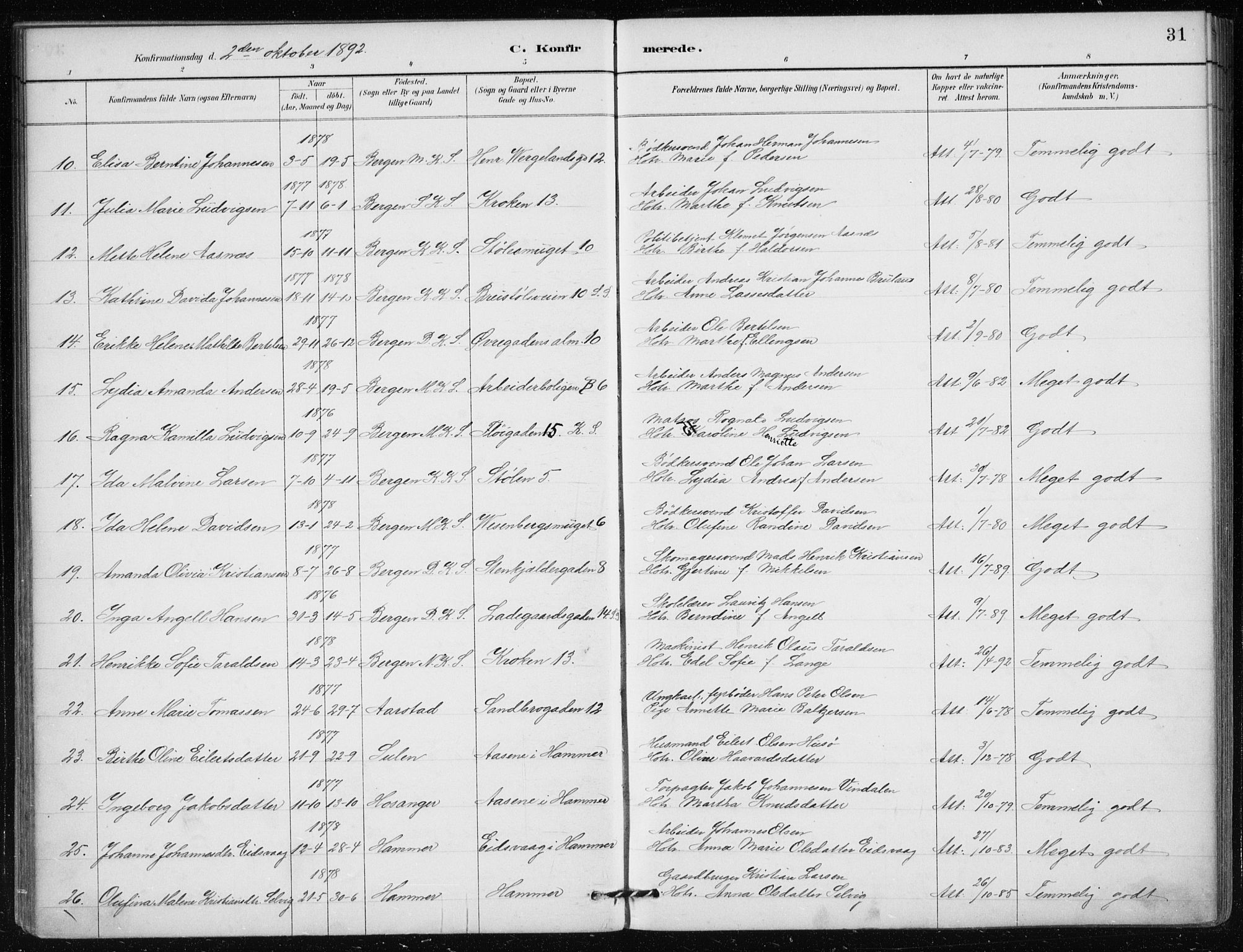 Mariakirken Sokneprestembete, AV/SAB-A-76901/H/Haa/L0013: Parish register (official) no. C 1, 1889-1900, p. 31