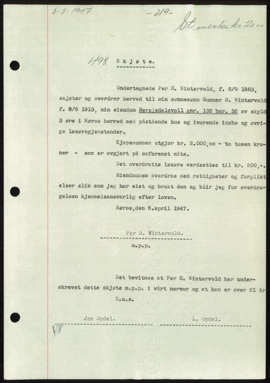 Gauldal sorenskriveri, AV/SAT-A-0014/1/2/2C: Mortgage book no. A3, 1947-1947, Diary no: : 498/1947