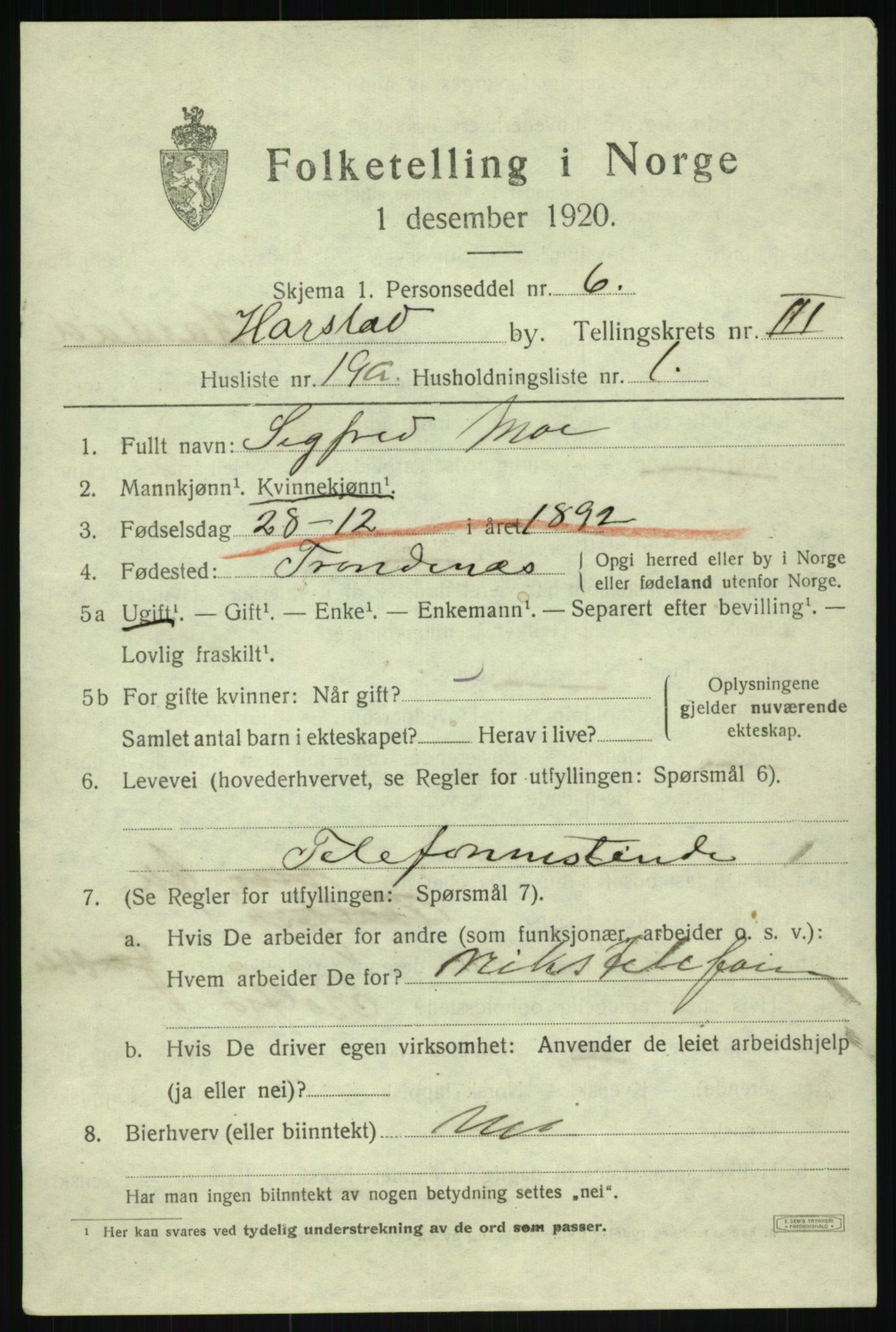 SATØ, 1920 census for Harstad, 1920, p. 4490