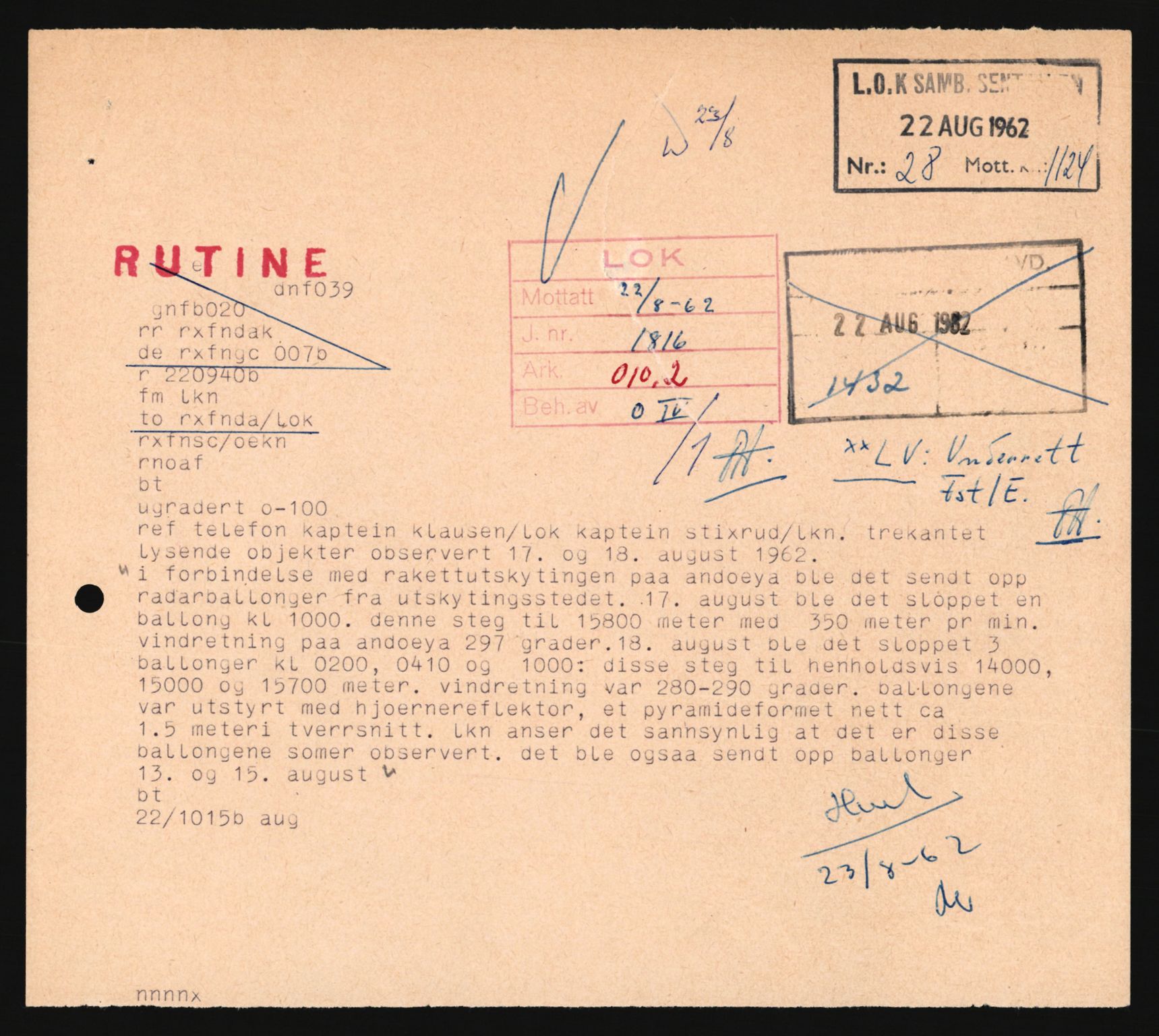 Forsvaret, Luftforsvarets overkommando/Luftforsvarsstaben, AV/RA-RAFA-2246/1/D/Da/L0124/0001: -- / UFO OVER NORSK TERRITORIUM, 1954-1970, p. 261