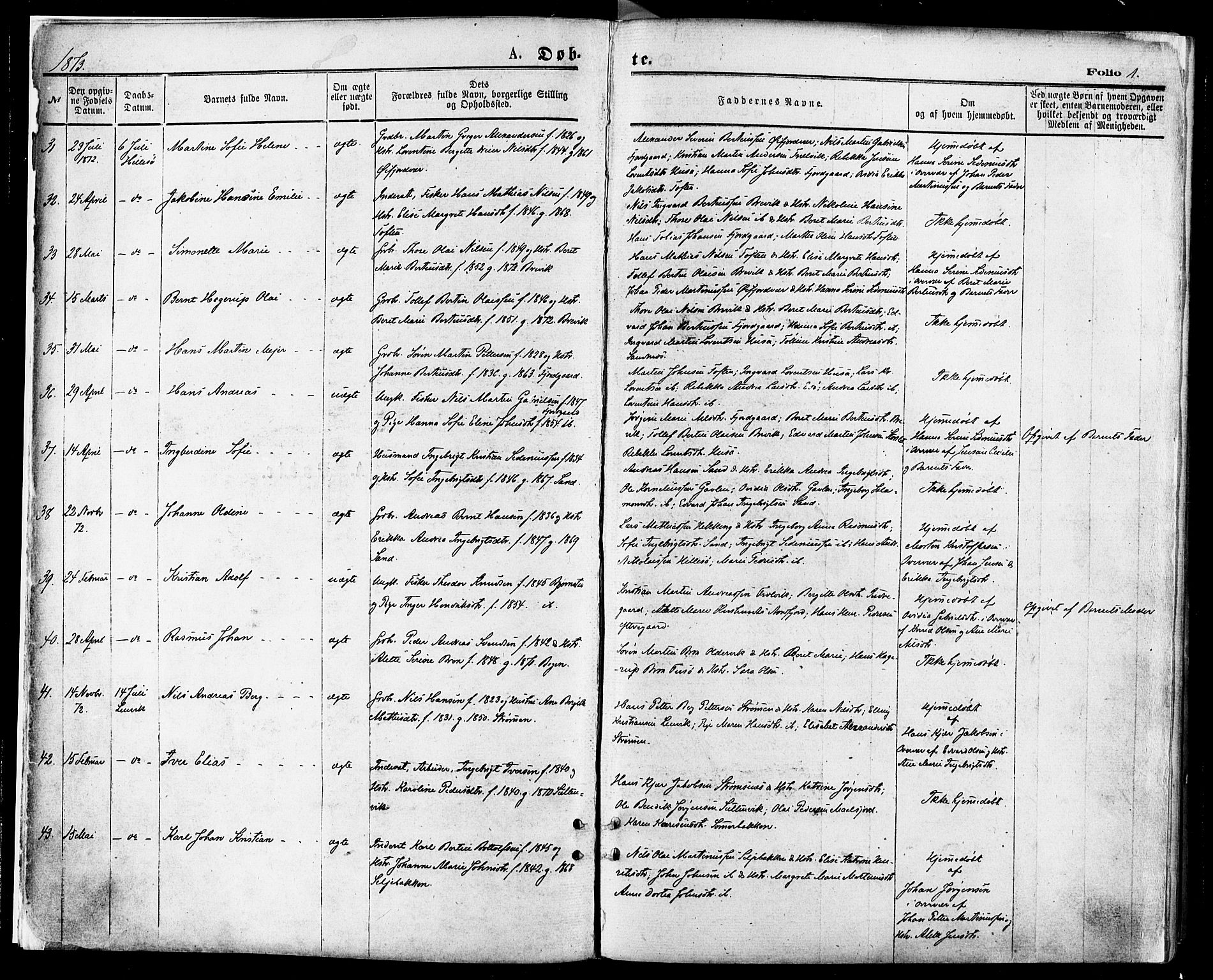 Lenvik sokneprestembete, SATØ/S-1310/H/Ha/Haa/L0010kirke: Parish register (official) no. 10, 1873-1880, p. 1