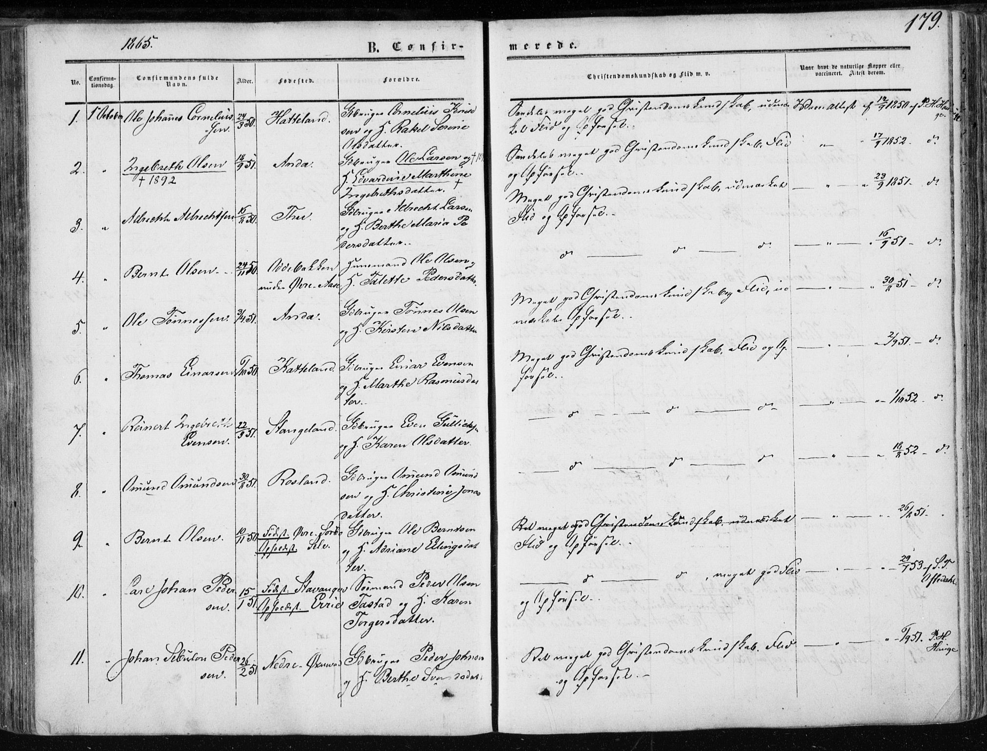 Klepp sokneprestkontor, SAST/A-101803/001/3/30BA/L0005: Parish register (official) no. A 5, 1853-1870, p. 179