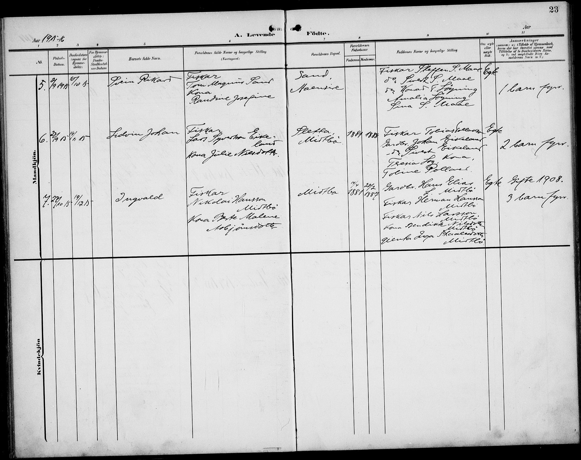 Sokndal sokneprestkontor, SAST/A-101808: Parish register (copy) no. B 7, 1904-1935, p. 23