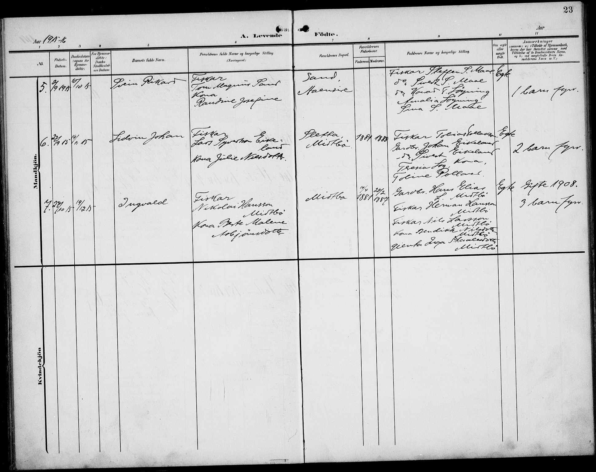 Sokndal sokneprestkontor, AV/SAST-A-101808: Parish register (copy) no. B 7, 1904-1935, p. 23