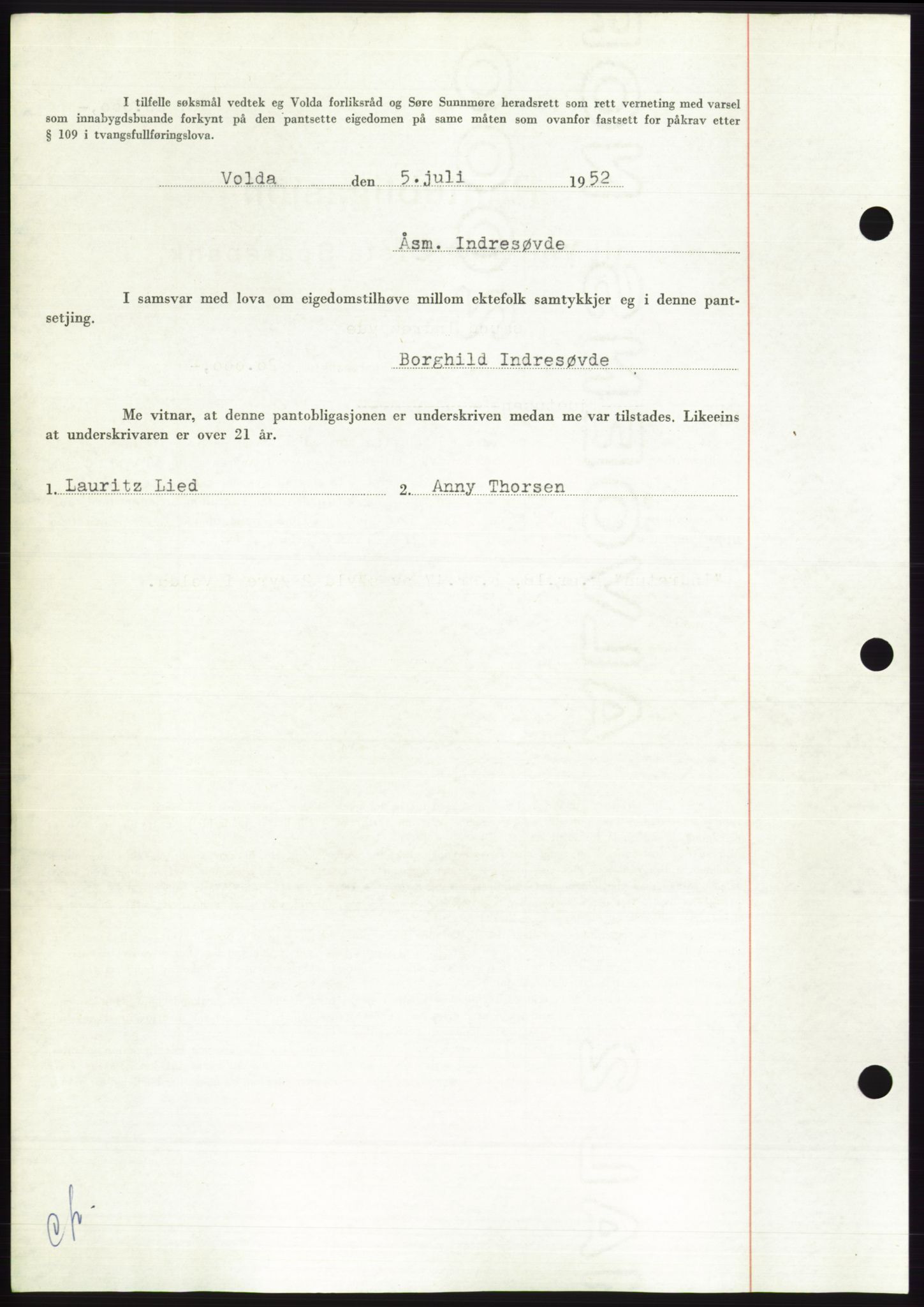 Søre Sunnmøre sorenskriveri, AV/SAT-A-4122/1/2/2C/L0121: Mortgage book no. 9B, 1951-1952, Diary no: : 1365/1952