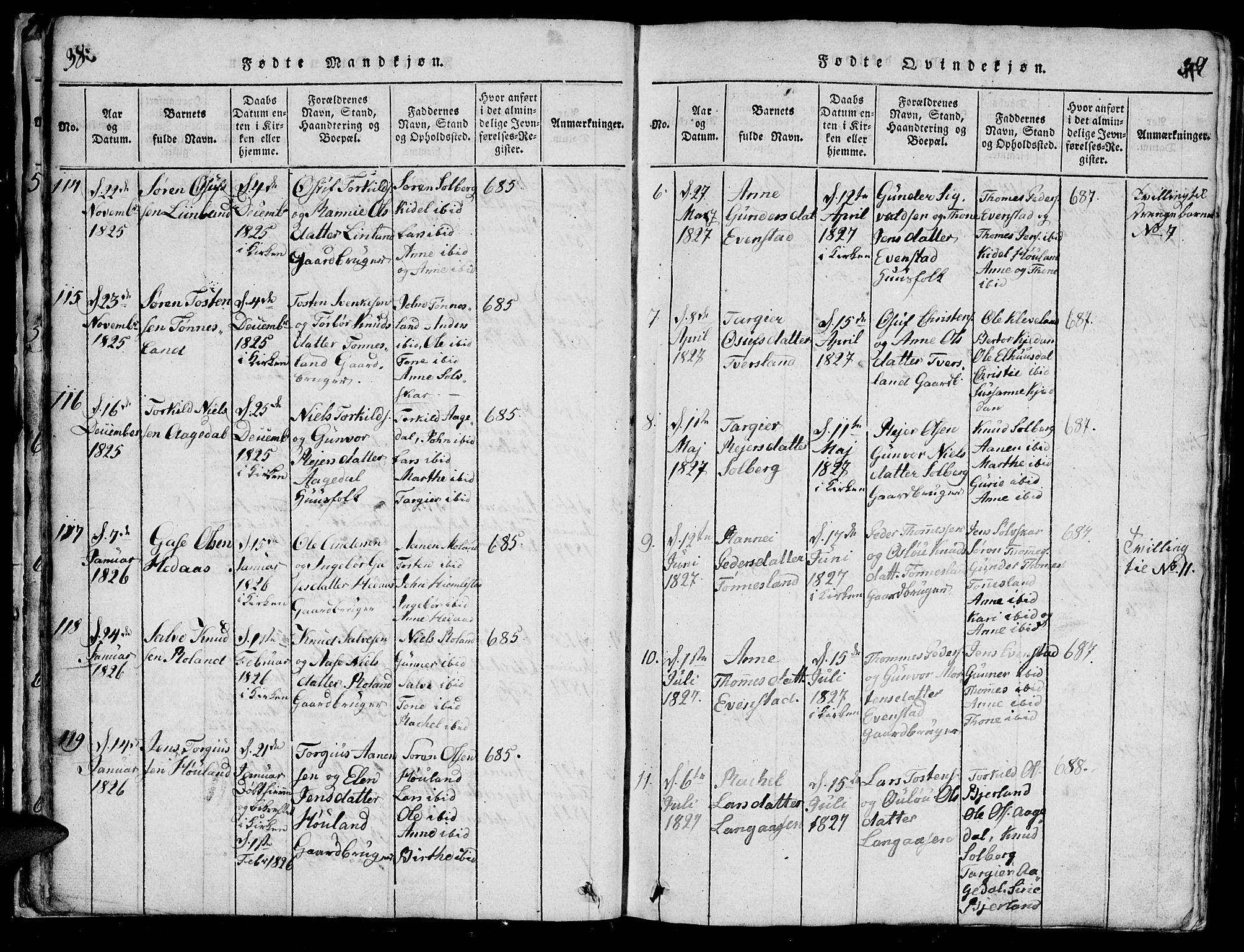 Bjelland sokneprestkontor, AV/SAK-1111-0005/F/Fb/Fba/L0003: Parish register (copy) no. B 3, 1816-1870, p. 38b-39b