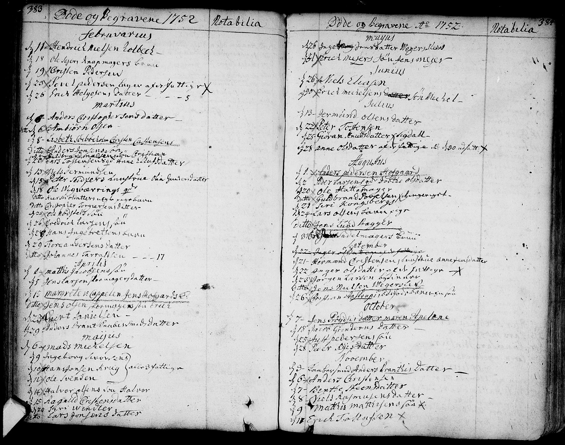 Bragernes kirkebøker, AV/SAKO-A-6/F/Fa/L0004: Parish register (official) no. I 4, 1734-1759, p. 383-384