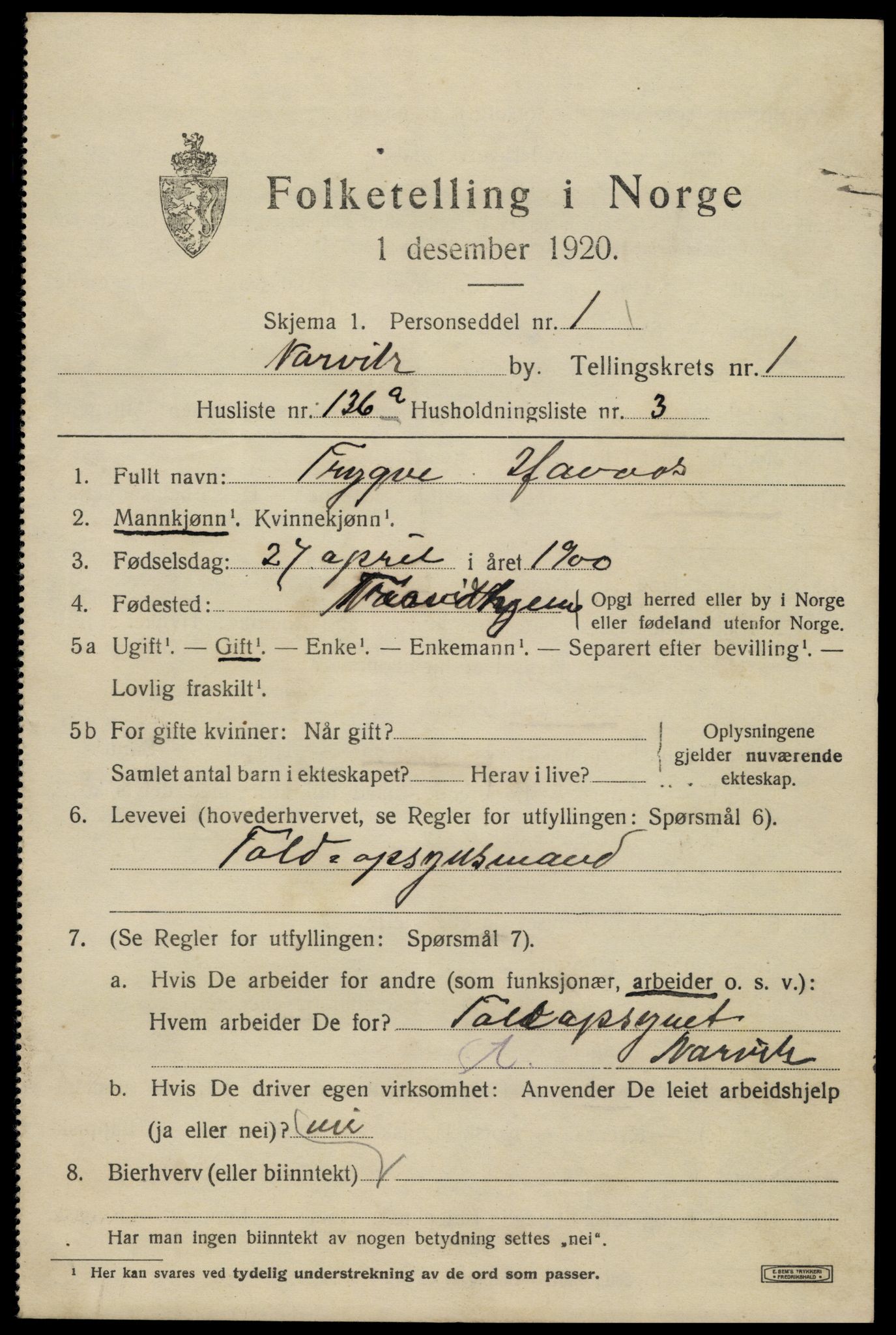 SAT, 1920 census for Narvik, 1920, p. 7516