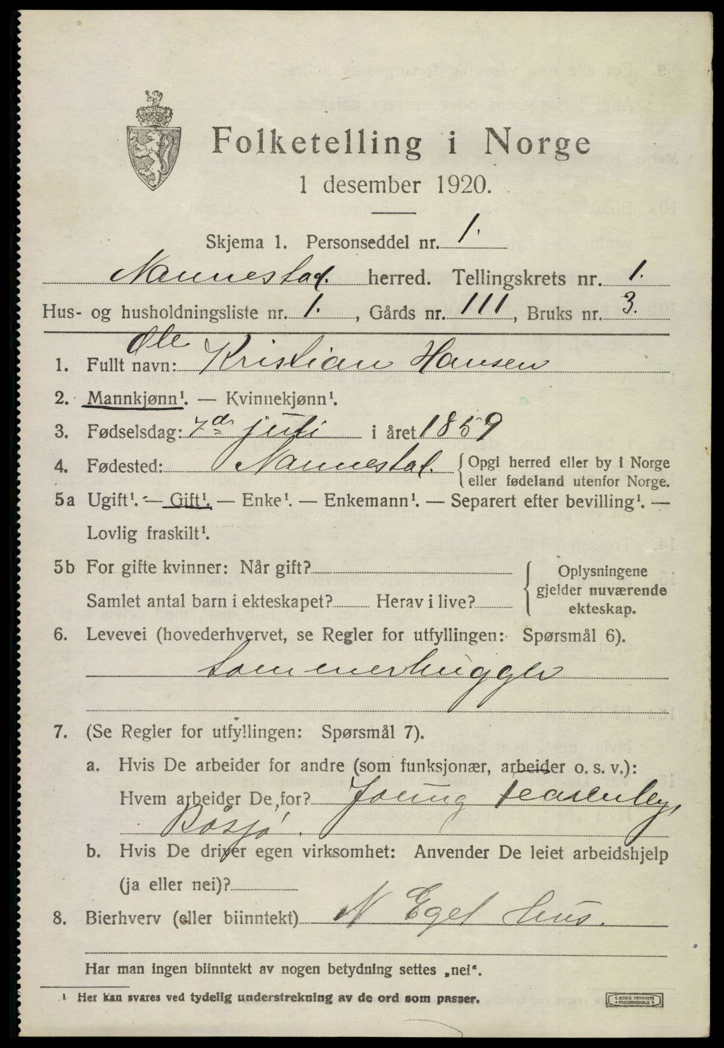 SAO, 1920 census for Nannestad, 1920, p. 1615